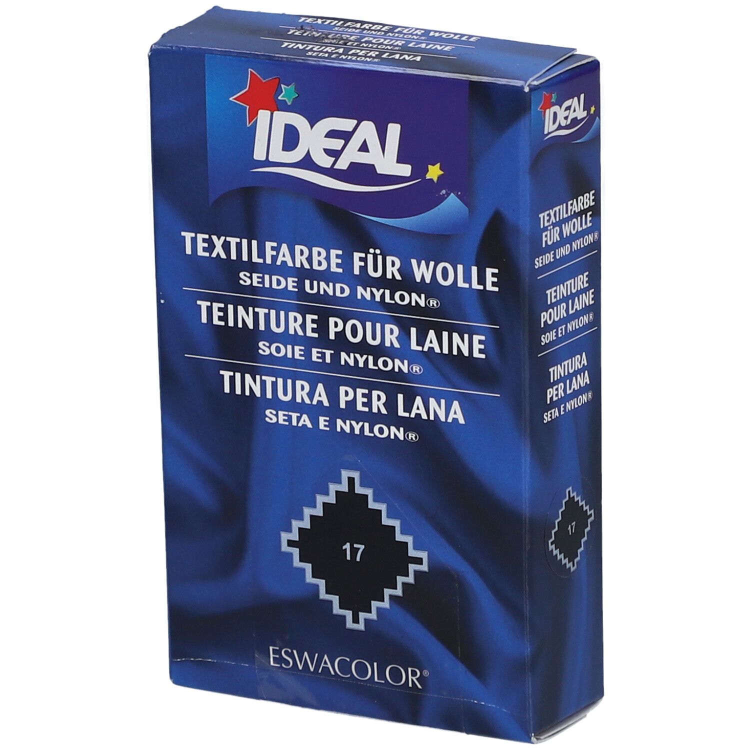 Boîte bleu foncé IDEAL pour teinture textile laine, soie et nylon. Numéro de couleur 17.