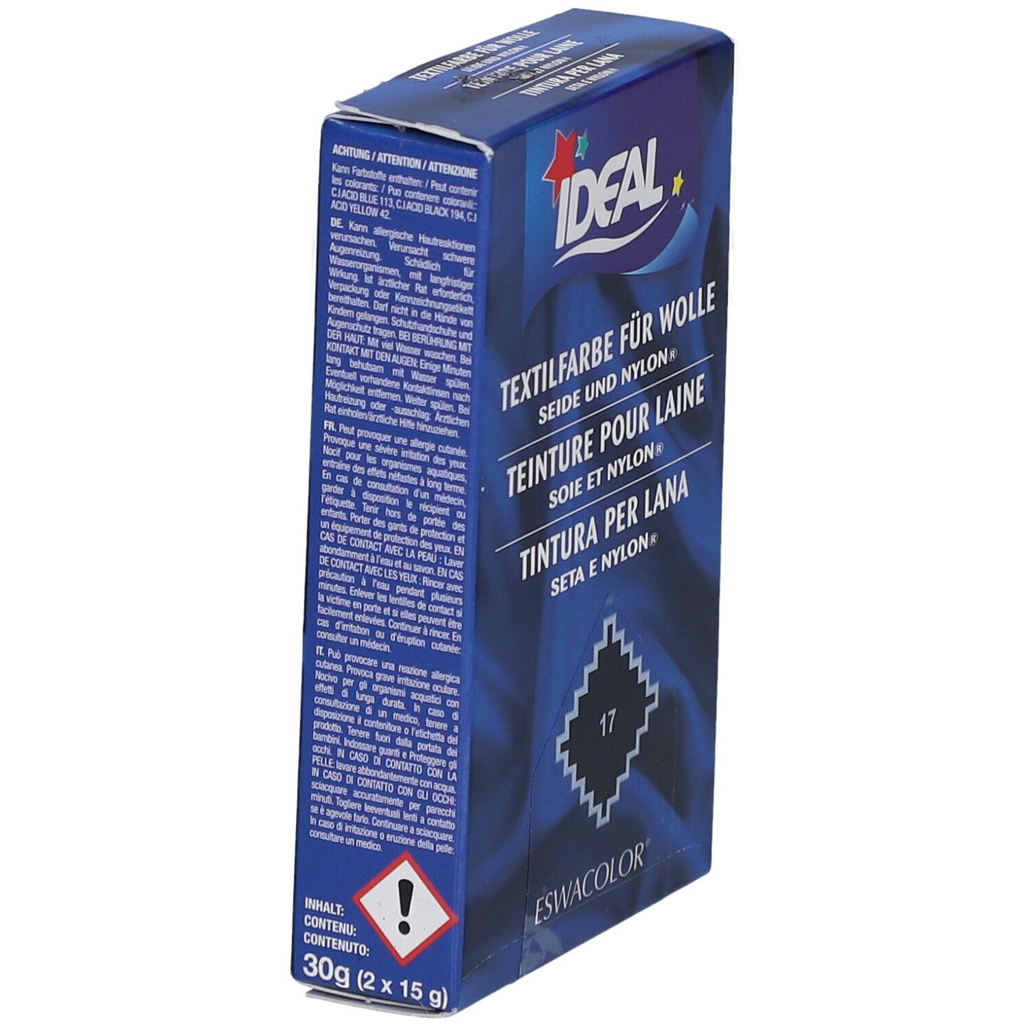 Boîte bleu foncé IDEAL teinture textile. Contient 30g (2 x 15g). Avertissement et texte en allemand, français, italien.