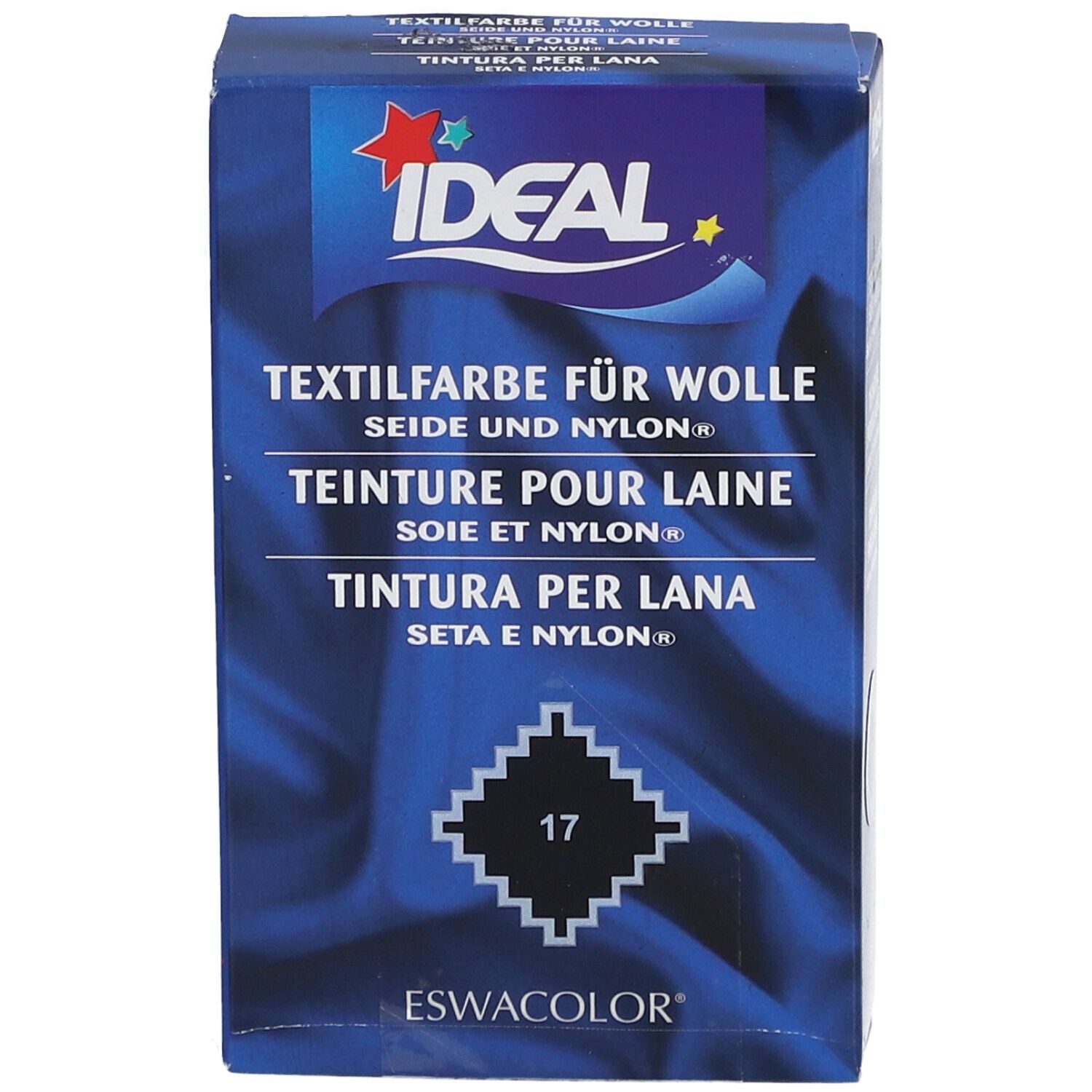 Boîte bleu foncé IDEAL pour teinture textile laine, soie et nylon. Numéro de couleur 17.
