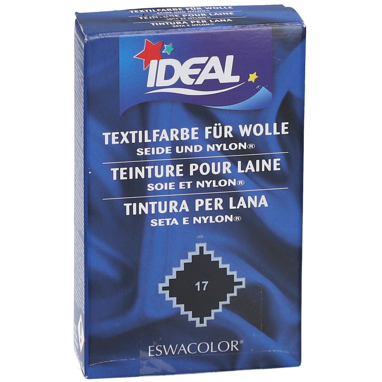 Boîte bleu foncé IDEAL pour teinture textile laine, soie et nylon. Numéro de couleur 17.