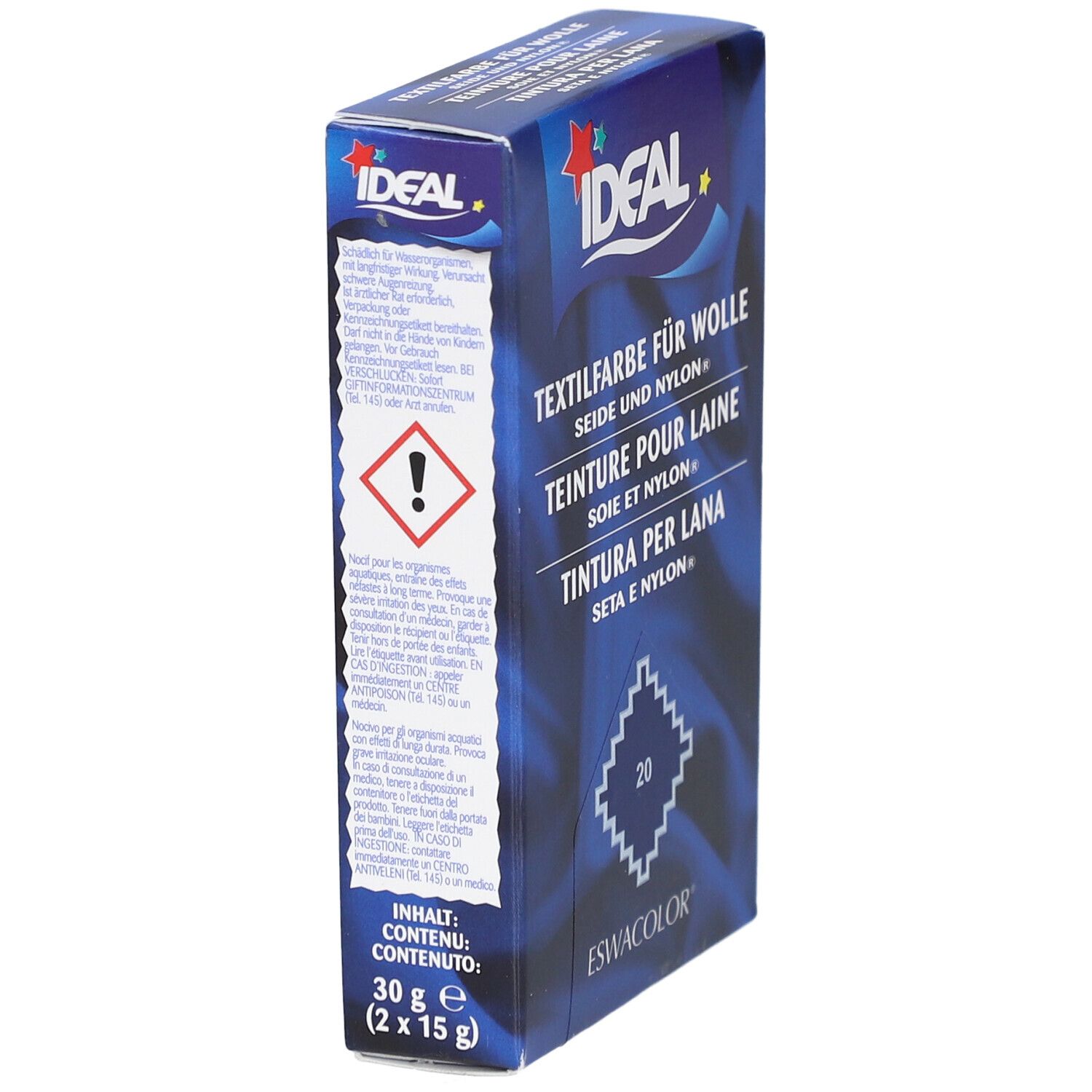 Blau-weiße Produktverpackung. Textilfarbe für Wolle, Seide & Nylon. Marke IDEAL. Warnhinweis und Inhaltsangabe.