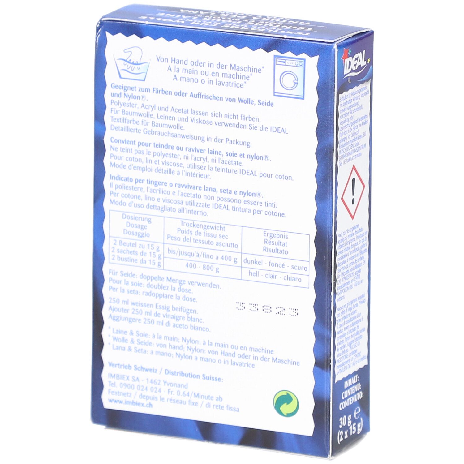 Rückseite der Produktverpackung. Textilfarbe für Wolle, Seide & Nylon. Marke IDEAL. Gebrauchsanweisung und Inhaltsstoffe.