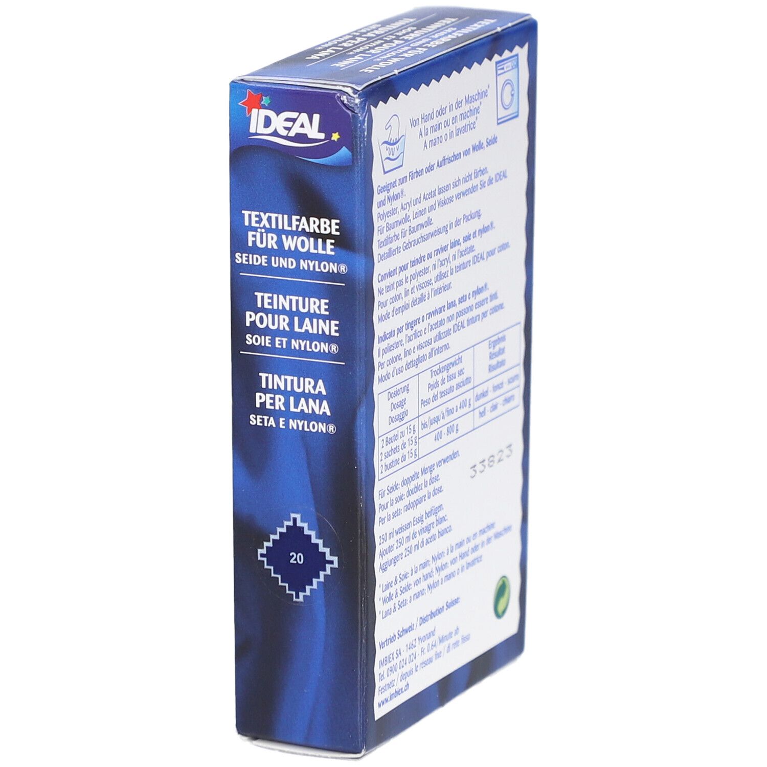 Produktverpackung. Textilfarbe für Wolle, Seide & Nylon. Marke IDEAL. Gebrauchsanweisung und Waschsymbol.