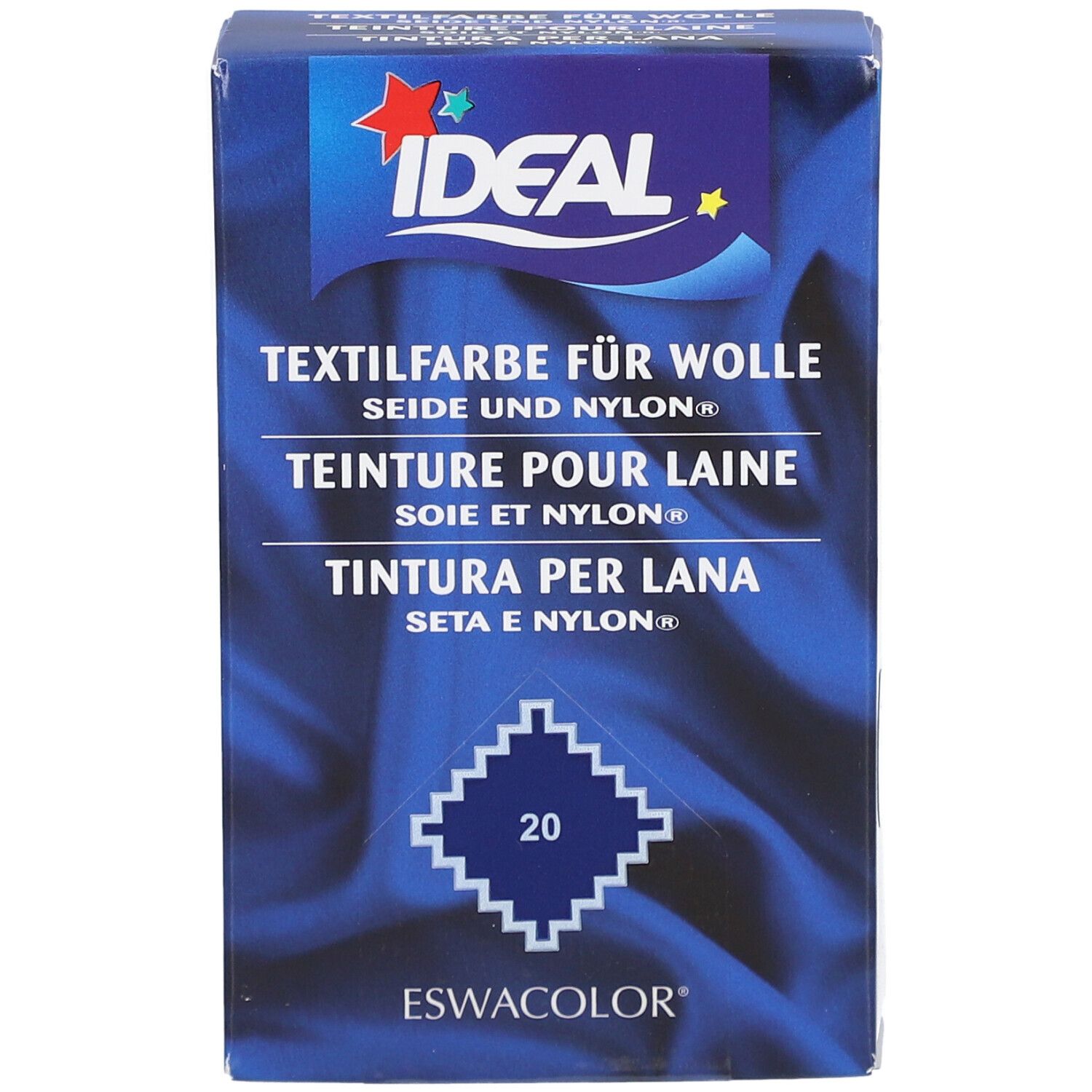 Produktverpackung. Textilfarbe für Wolle, Seide & Nylon. Marke IDEAL. Produktname, Logo und Farbnummer 20.