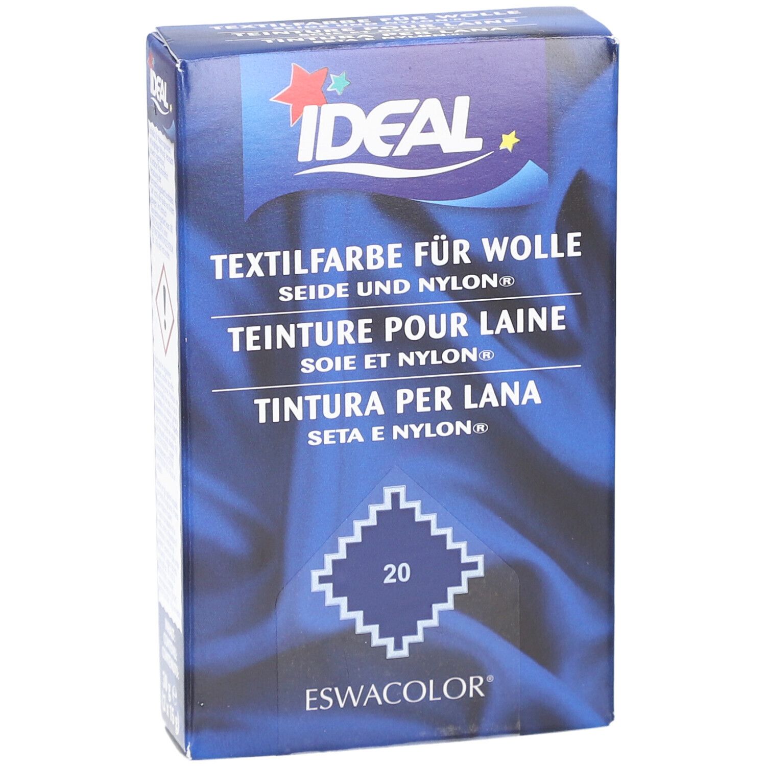 Produktverpackung. Textilfarbe für Wolle, Seide & Nylon. Marke IDEAL. Produktname, Logo und Farbnummer 20.