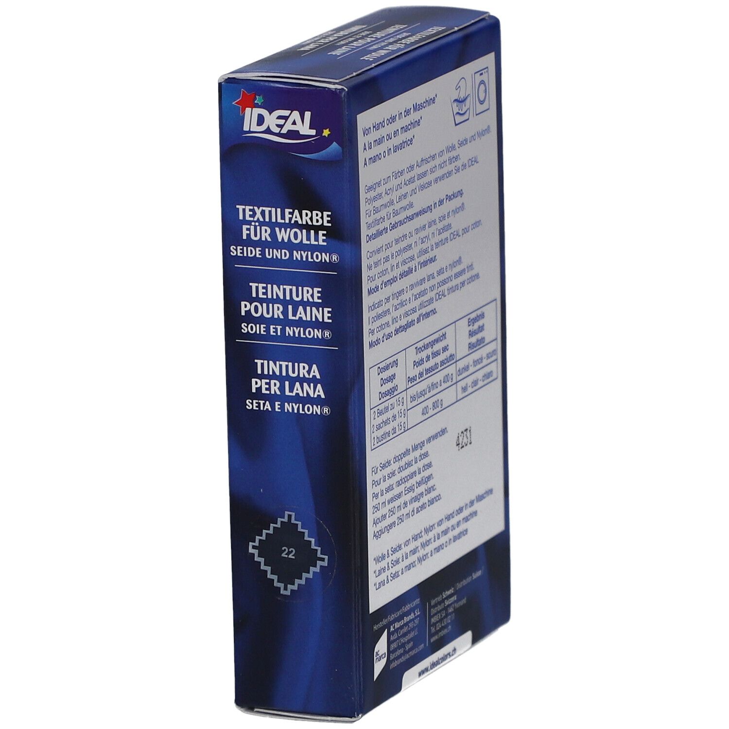 IDEAL Textilfarbe für Wolle, Seide und Nylon. Farbton 22 mausgrau. Verpackung mit Logo und Produktbezeichnung.