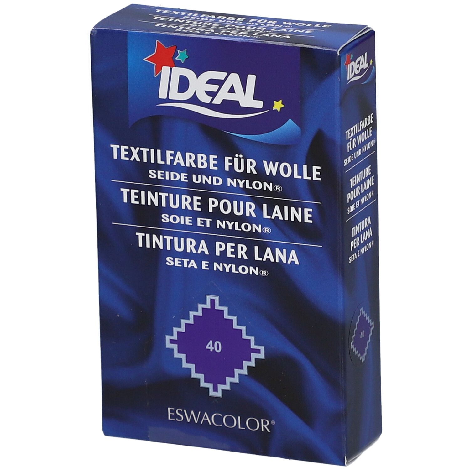 IDEAL Textilfarbe für Wolle, Seide und Nylon. Lavendelviolett, Farbnummer 40. Rechteckige Verpackung.
