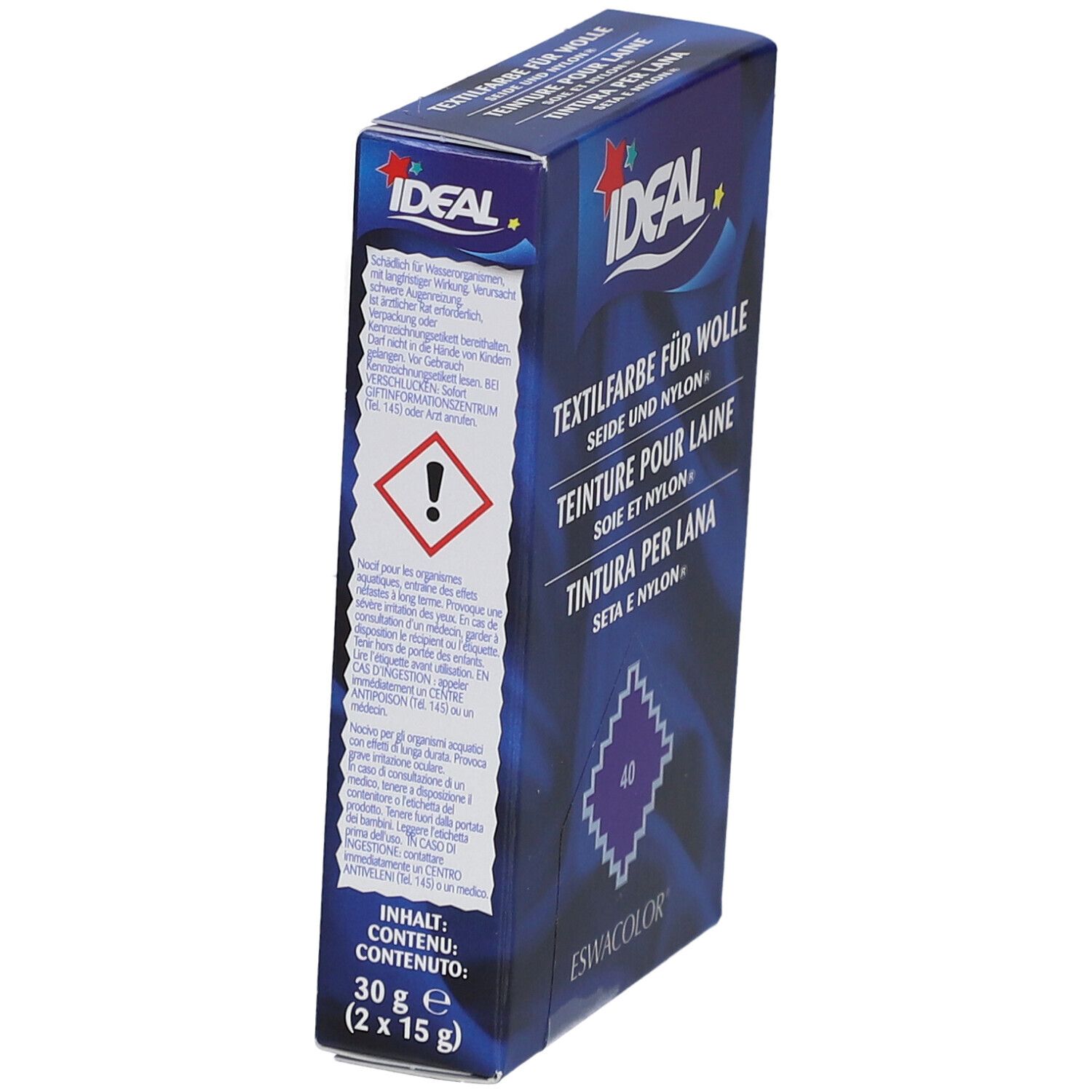 IDEAL Textilfarbe Verpackung. Enthält 30g (2x15g). Warnhinweis. Seitenansicht der Verpackung.