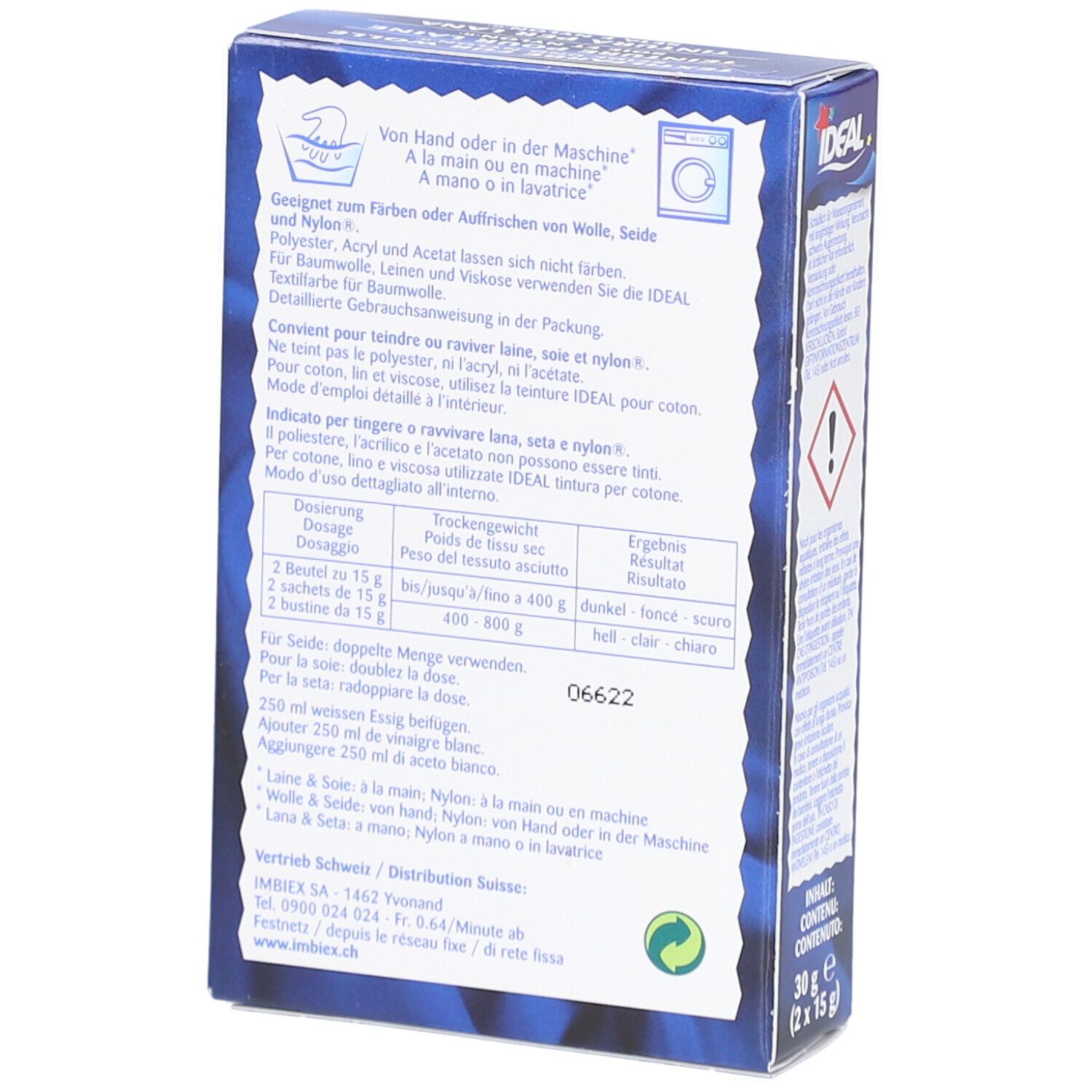 Rückseite der IDEAL Textilfarbe Verpackung. Informationen zur Anwendung und Dosierung in verschiedenen Sprachen.