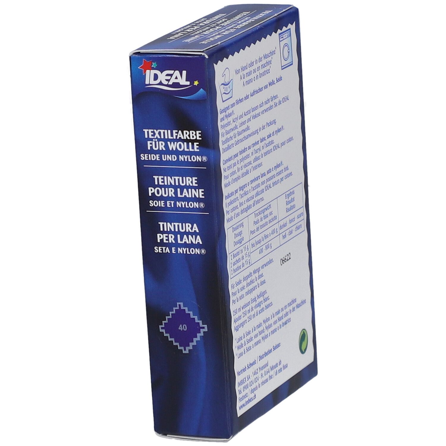 IDEAL Textilfarbe für Wolle, Seide und Nylon. Lavendelviolett, Farbnummer 40. Verpackung schräg.