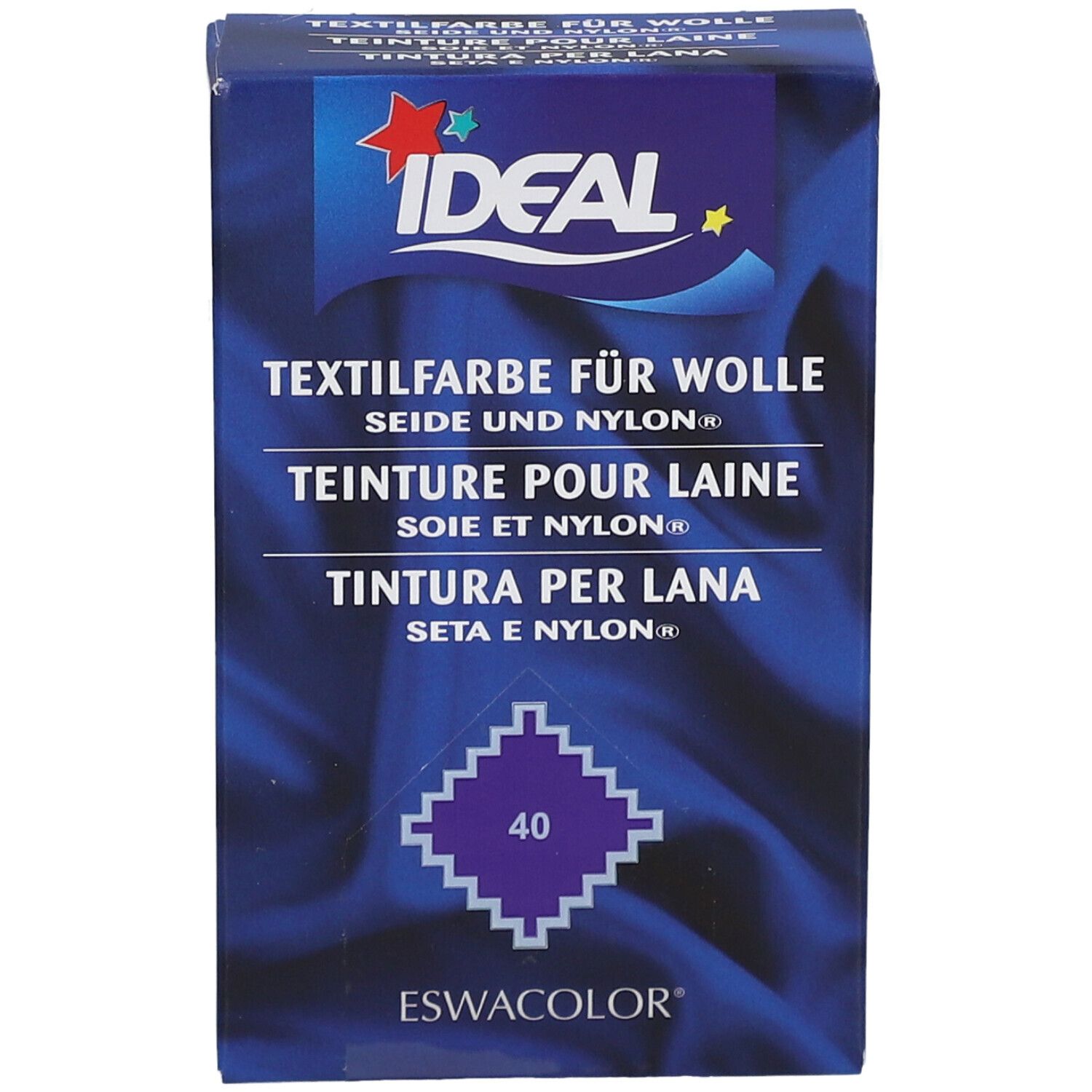 IDEAL Textilfarbe für Wolle, Seide und Nylon. Lavendelviolett, Farbnummer 40. Verpackung.