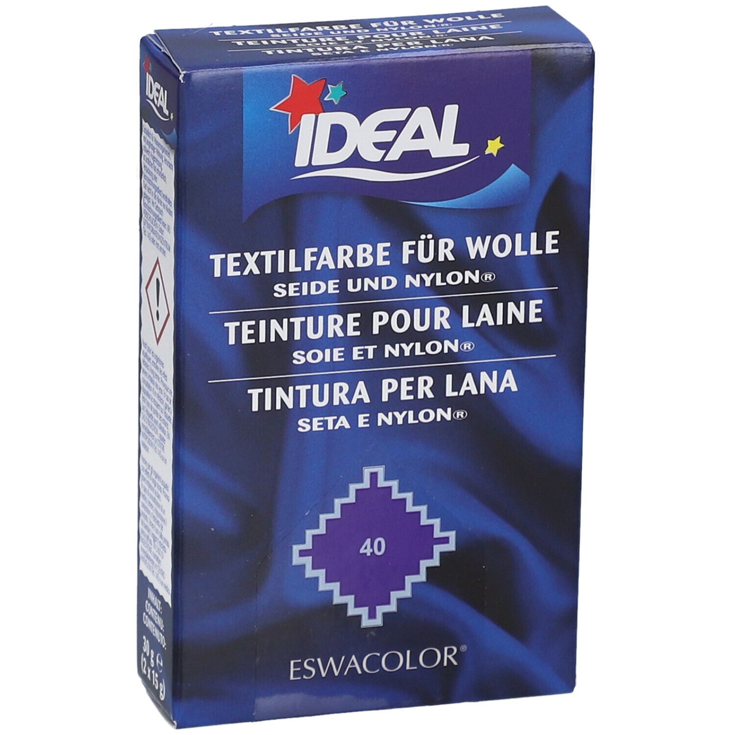 IDEAL Textilfarbe für Wolle, Seide und Nylon. Lavendelviolett, Farbnummer 40. Verpackung.