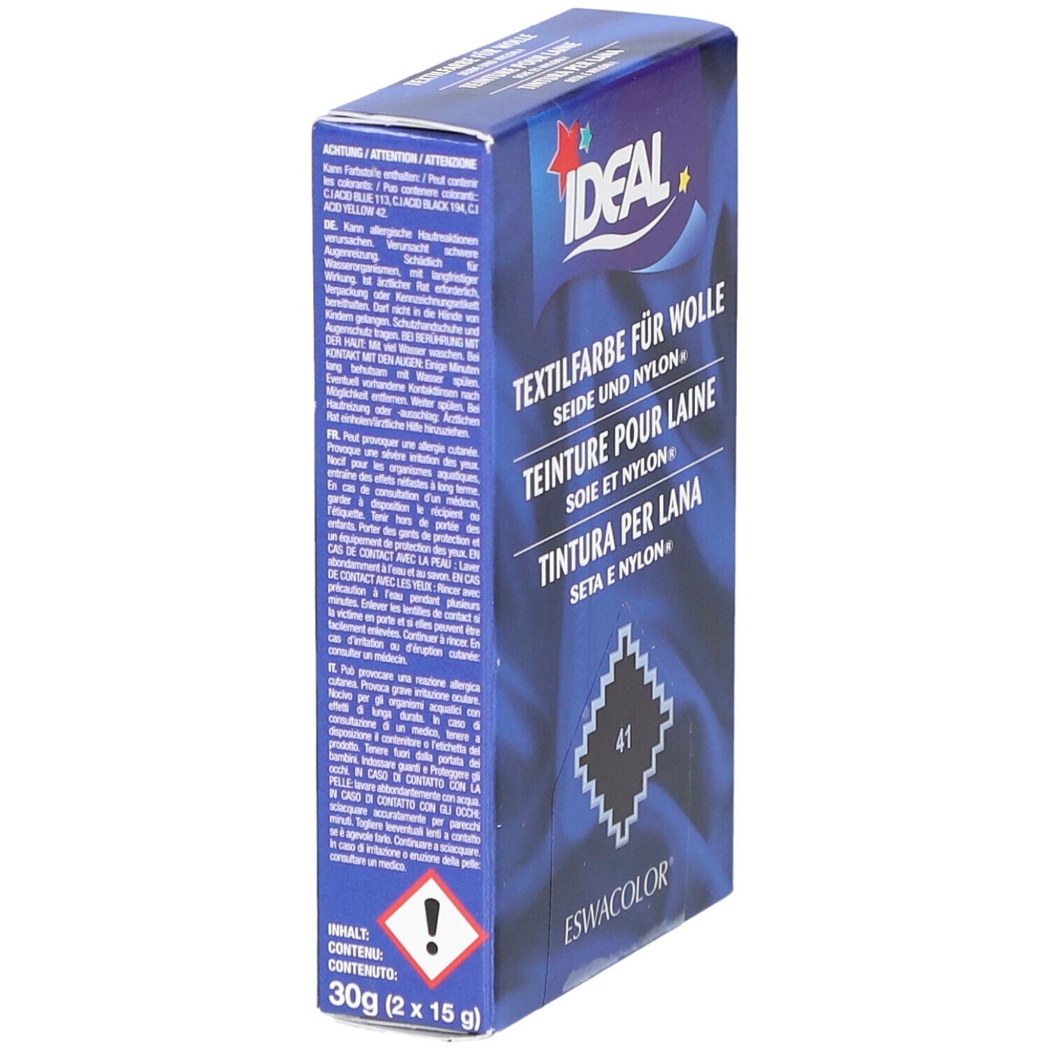 Ideal Textilfarbe. Verpackung mit Warnhinweisen und Inhaltsangabe. Enthält 30g (2x15g). Blaue Box.