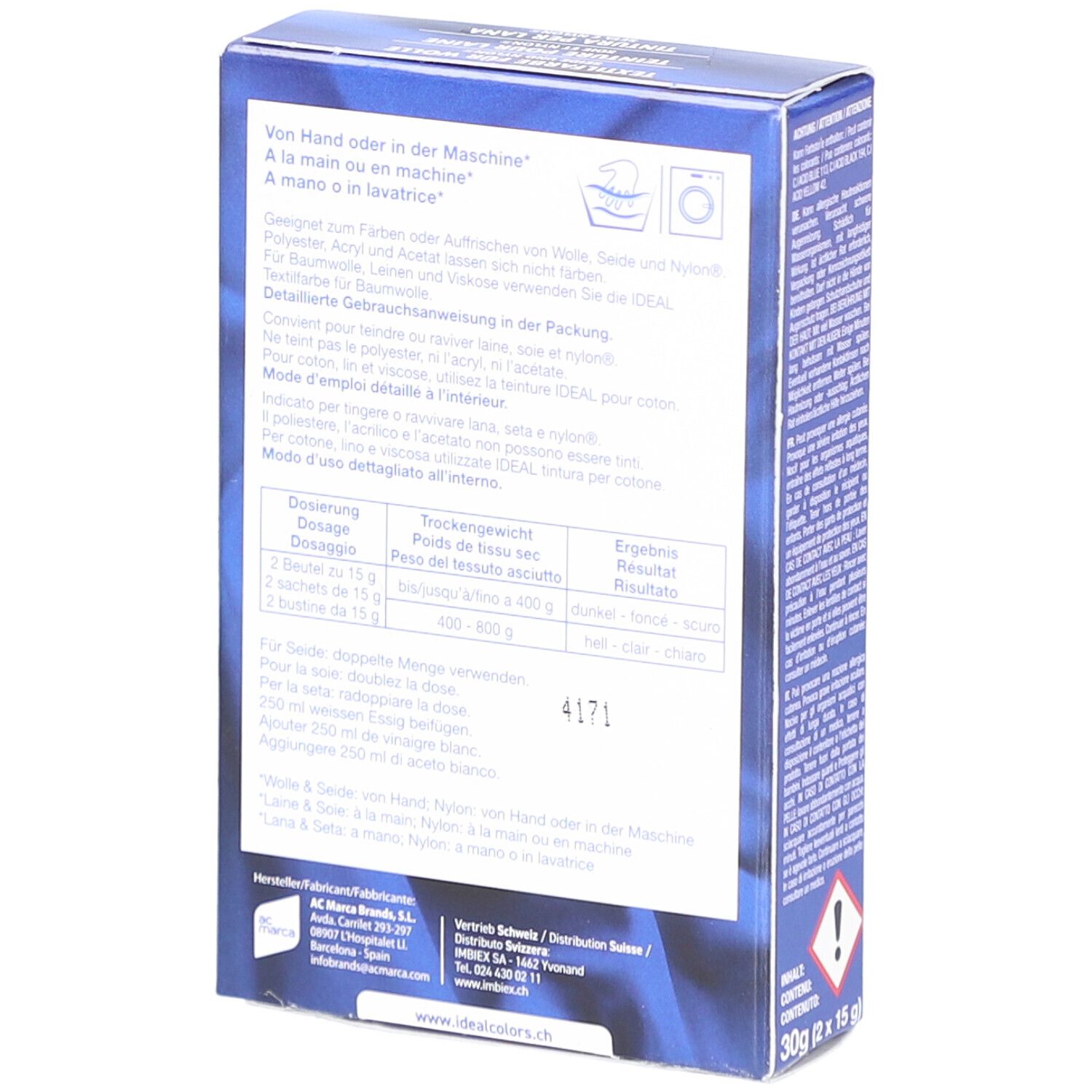 Rückseite der Ideal Textilfarben-Verpackung. Enthält Informationen zur Anwendung und Dosierung. Blaue Box.