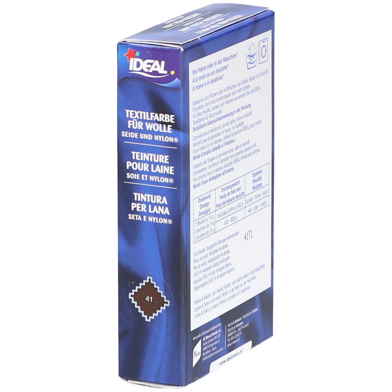 Ideal Textilfarbe für Wolle, Seide & Nylon. Farbton 41. Verpackung mit Logo und Produktbezeichnung. Blaue Box.