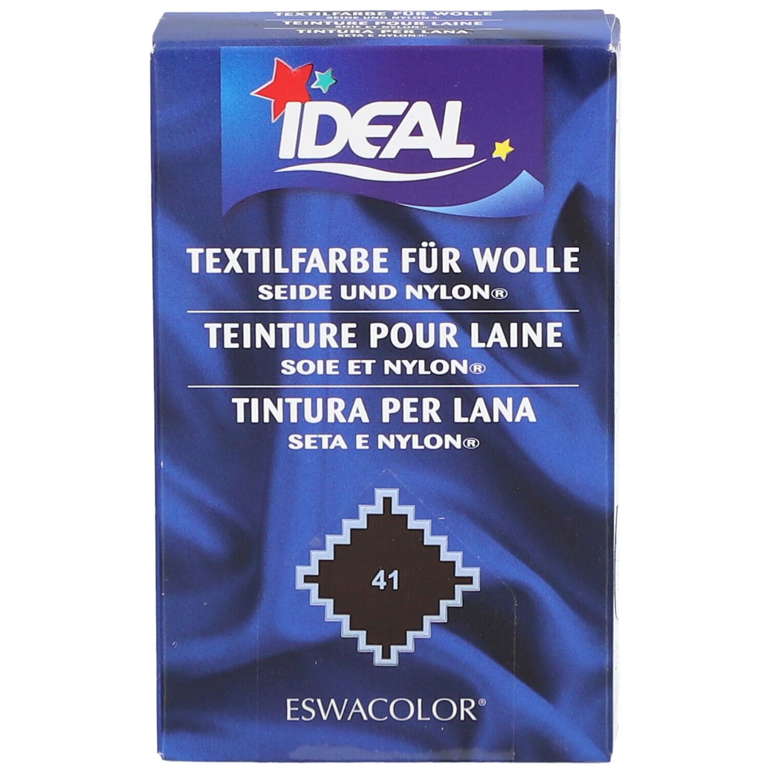 Ideal Textilfarbe für Wolle, Seide & Nylon. Farbton 41. Verpackung mit Logo und Produktbezeichnung. Blaue Box.