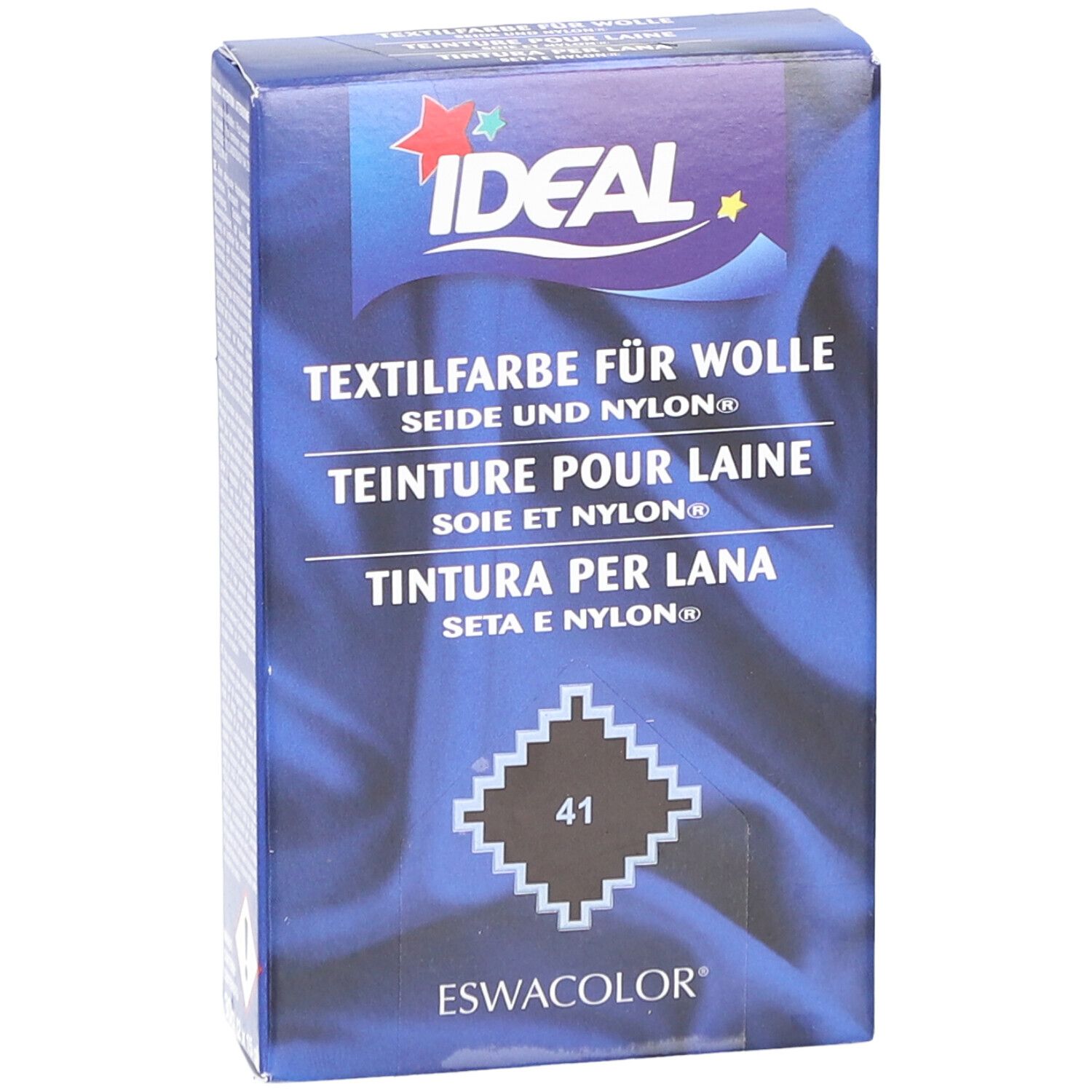 Ideal Textilfarbe für Wolle, Seide & Nylon. Farbton 41. Verpackung mit Logo und Produktbezeichnung. Blaue Box.