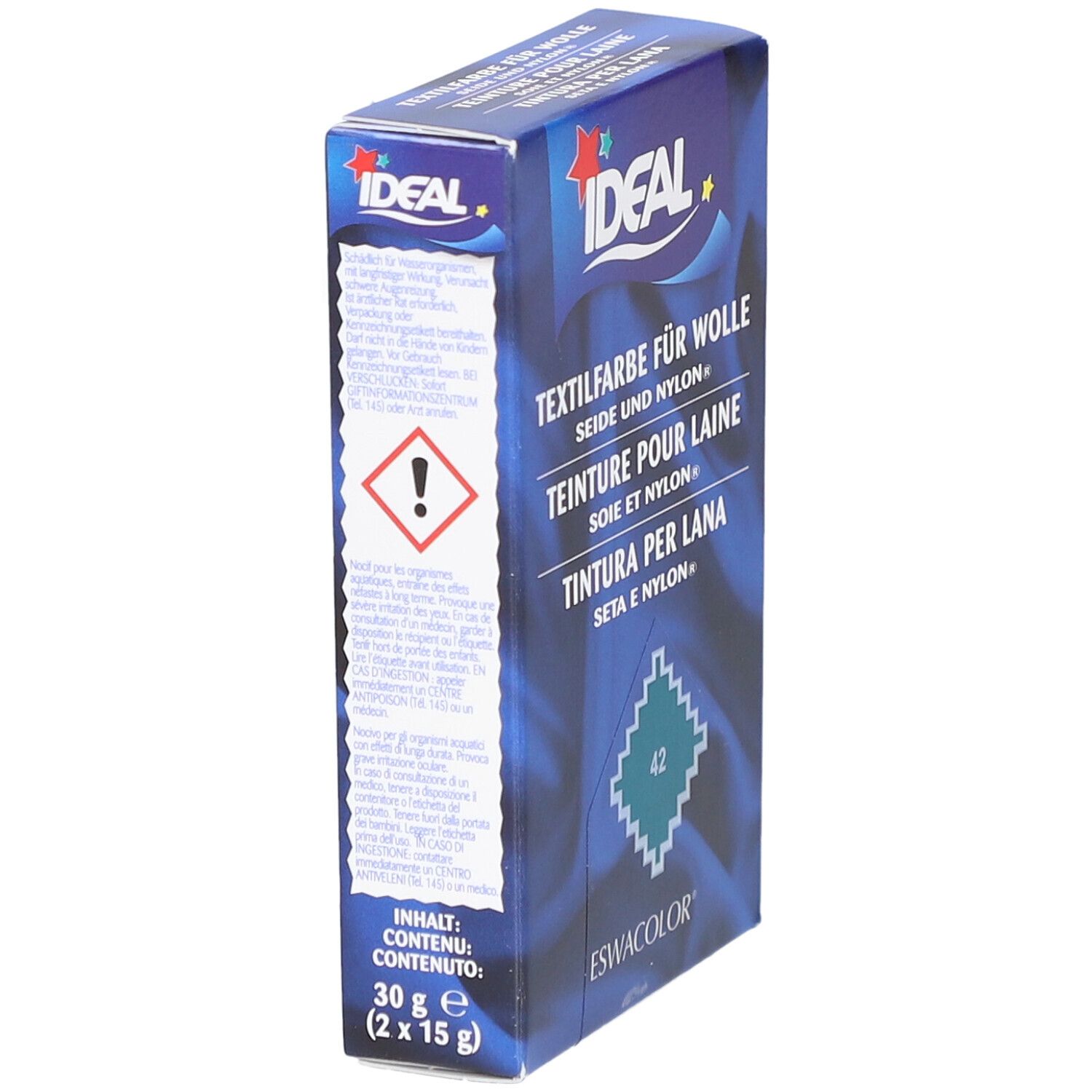 Ideal Textilfarbe Packung. Text: Textilfarbe für Wolle, Seide und Nylon. Warnsymbol. Inhalt: 30g (2 x 15g).