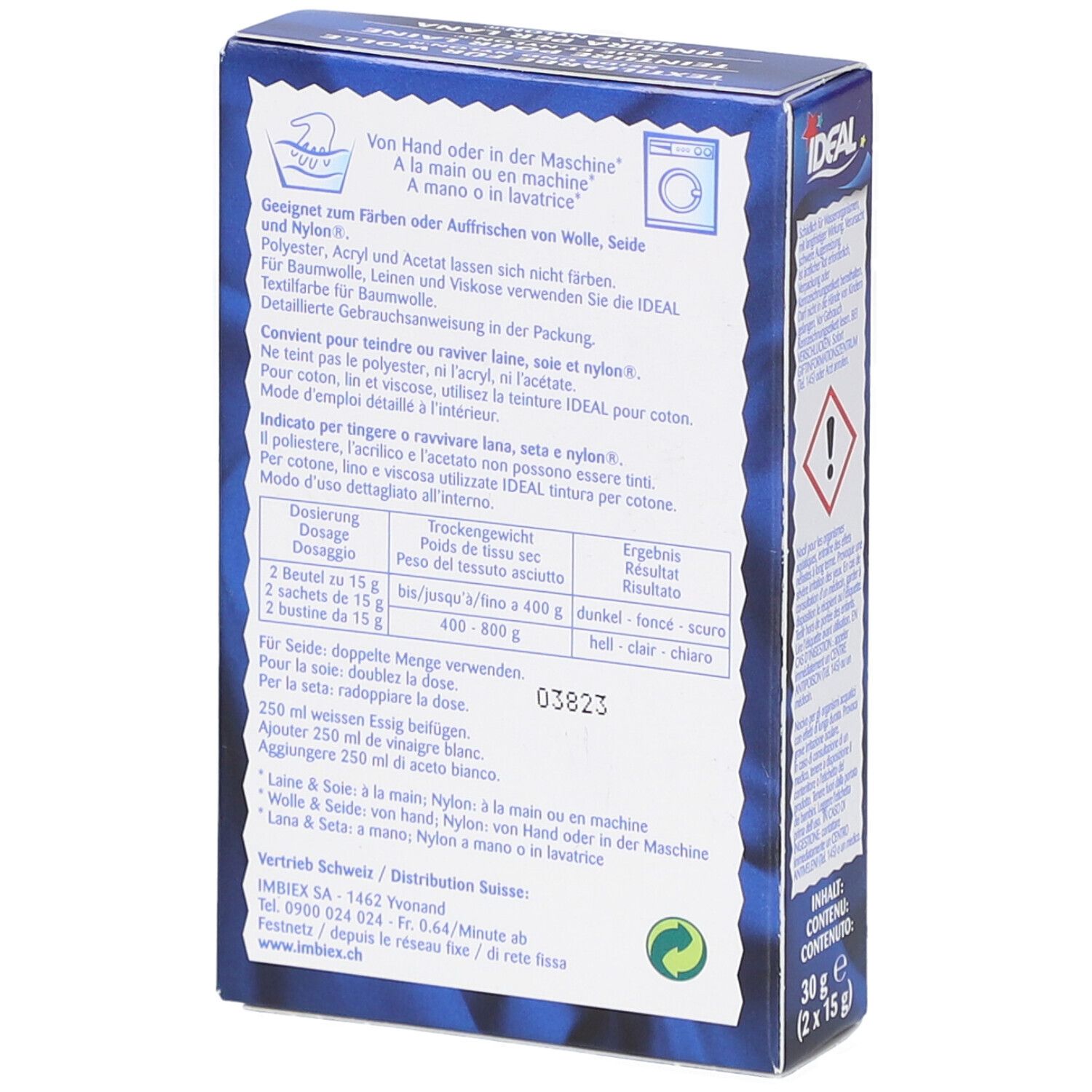 Rückseite der Ideal Textilfarbe Packung. Text: Für Hand- oder Maschinenfärbung. Dosierungstabelle. Warnhinweis.