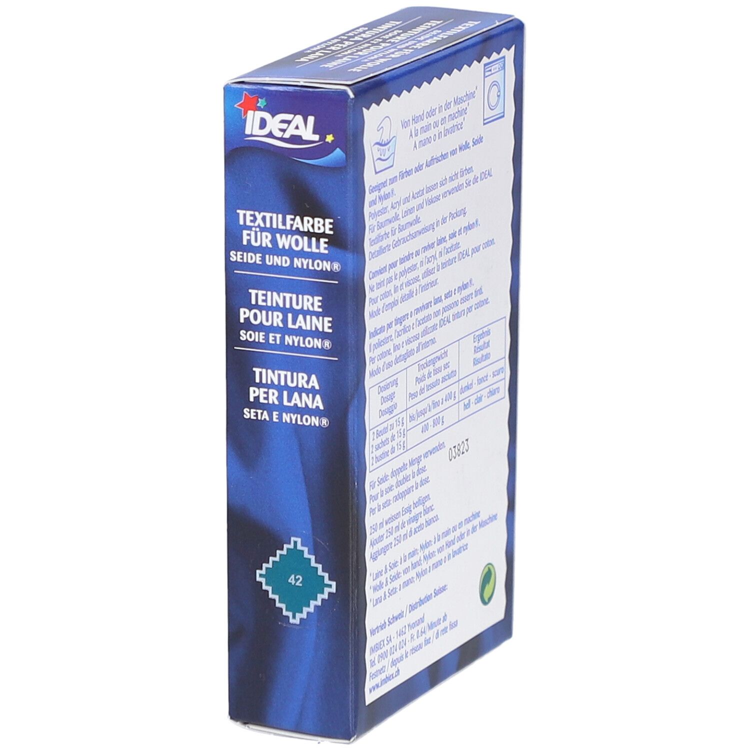 Ideal Textilfarbe Packung. Text: Textilfarbe für Wolle, Seide und Nylon. Farbnummer 42. Ideal Logo. Waschmaschinensymbol.
