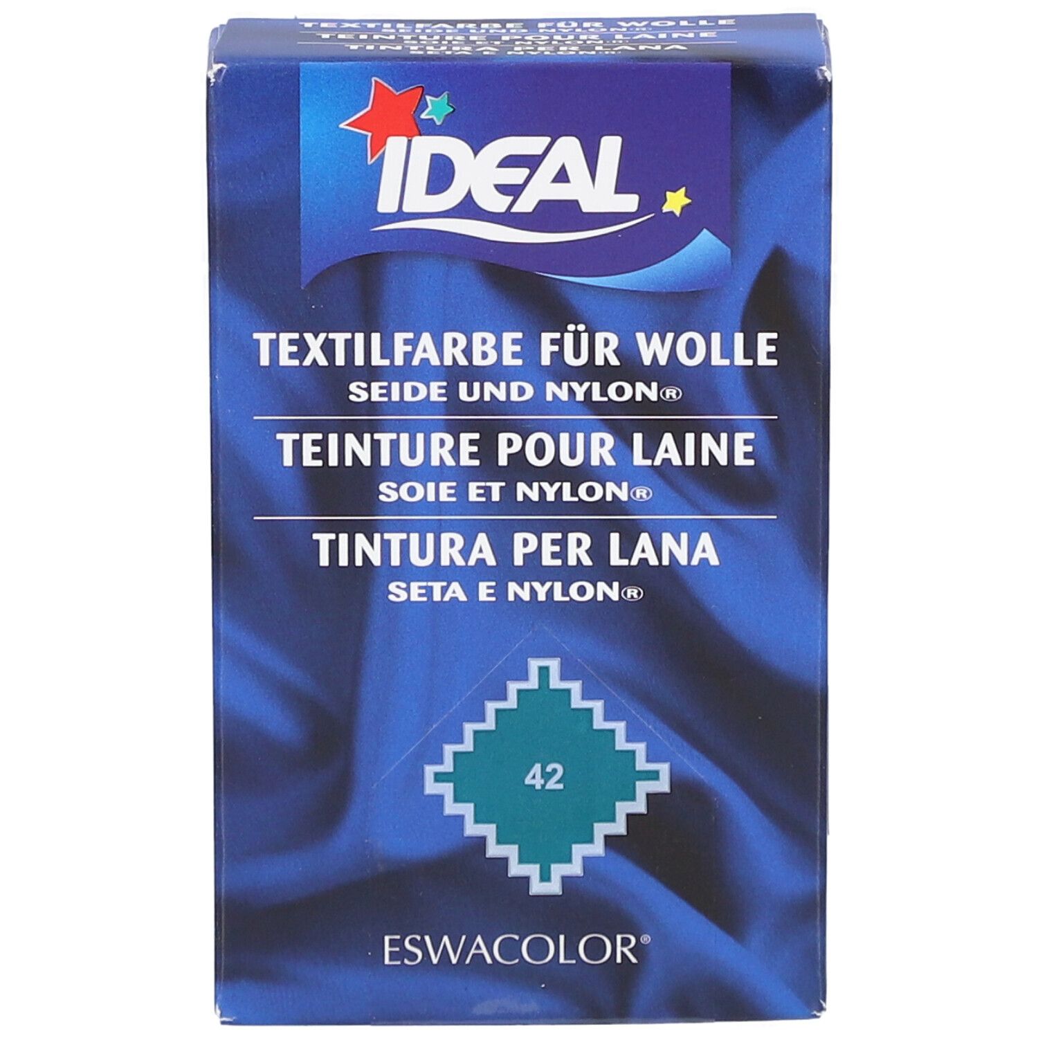Ideal Textilfarbe Packung. Text: Textilfarbe für Wolle, Seide und Nylon. Farbnummer 42. Ideal Logo. Eswacolor.