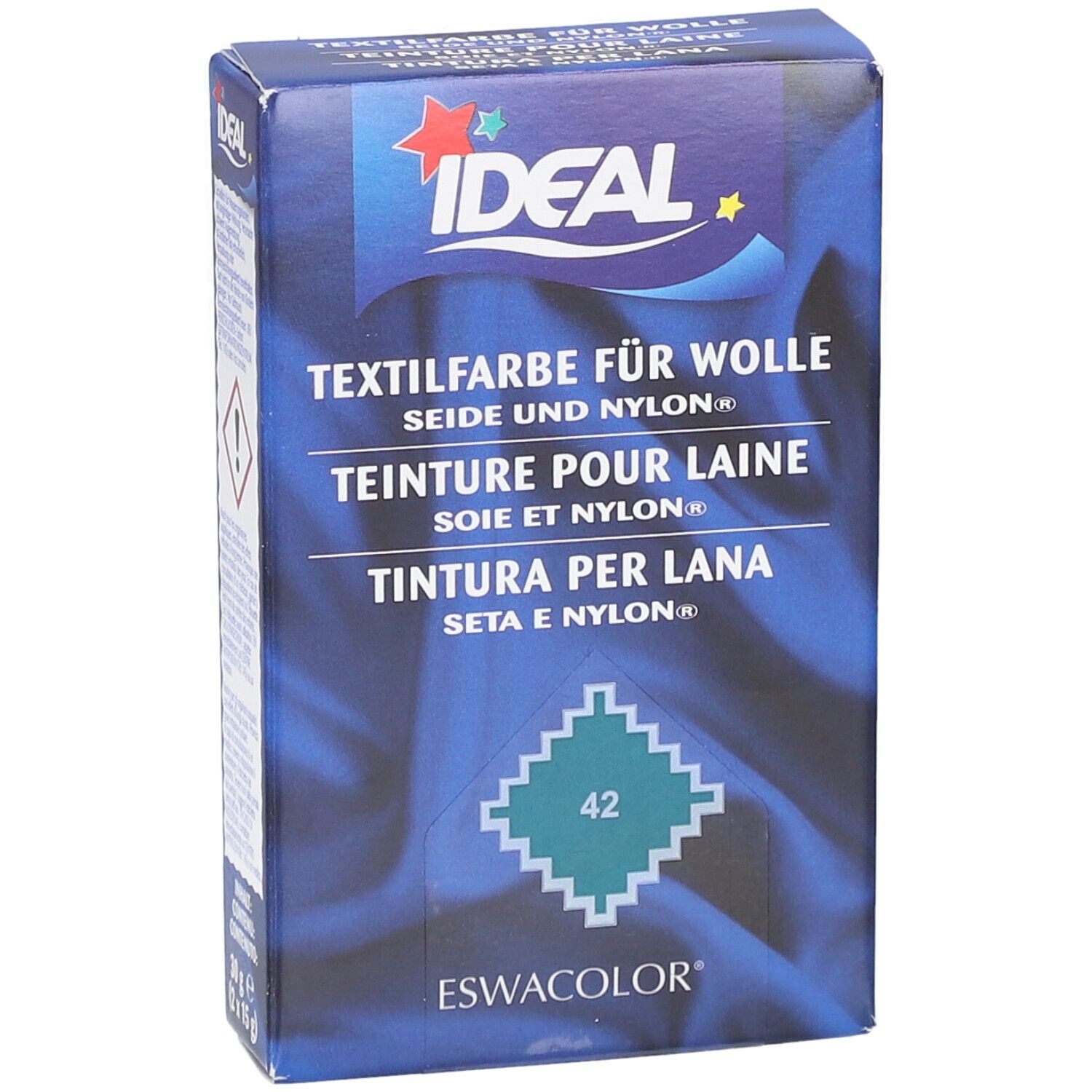 Ideal Textilfarbe Packung. Text: Textilfarbe für Wolle, Seide und Nylon. Farbnummer 42. Ideal Logo.