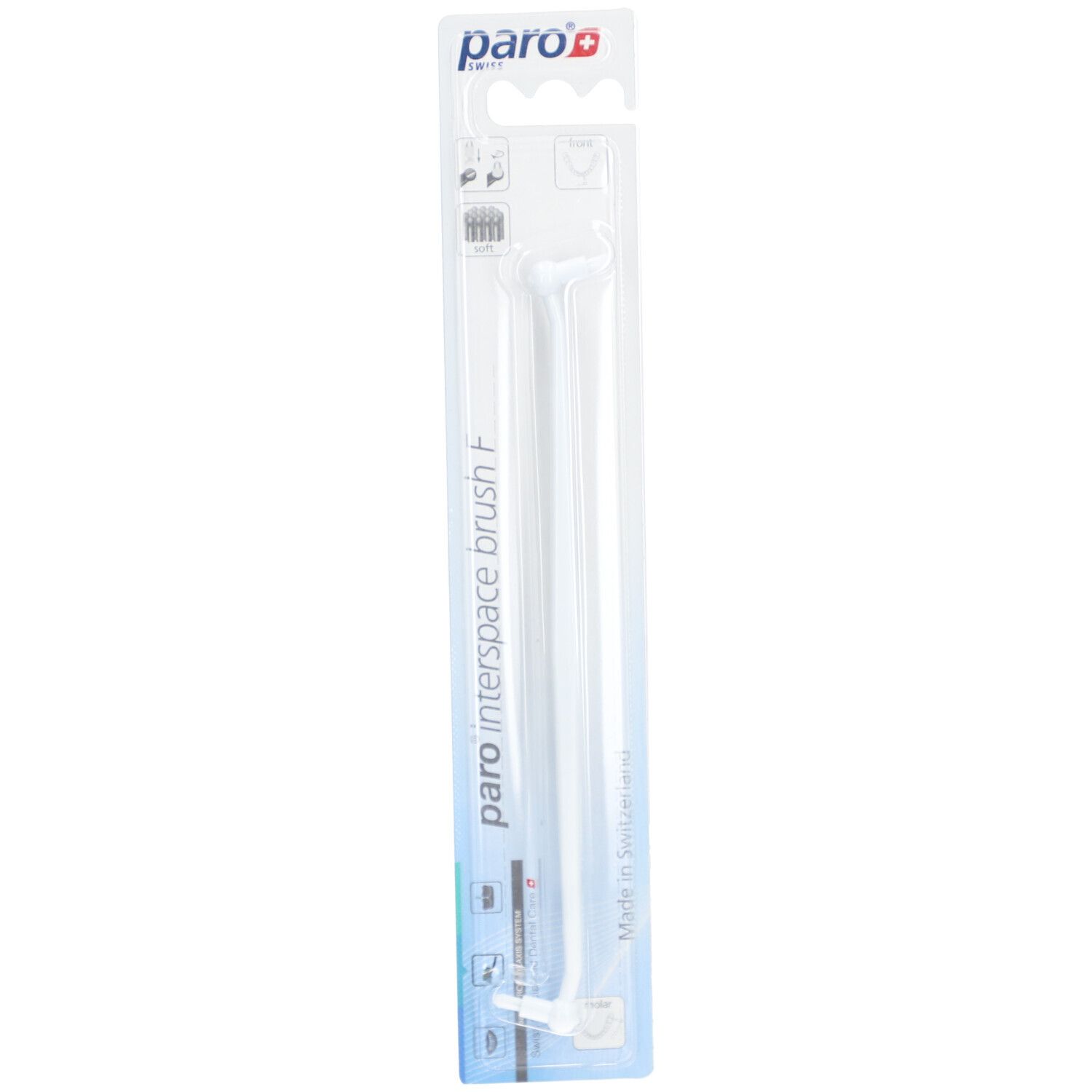 Paro Interspace Brush F in Blisterverpackung. Weißer Griff, abgewinkelter Bürstenkopf. Made in Switzerland.