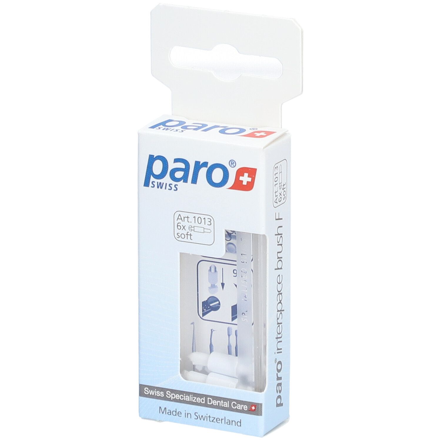 Verpackung mit paro® interspace brush F. Enthält 6 Bürsten. Sichtbar: Produkt, Verpackung, Markenlogo, Art. 1013.