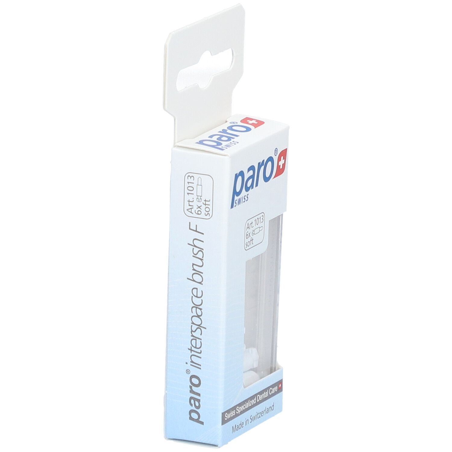 Seitenansicht der Verpackung paro® interspace brush F. Enthält Bürsten. Markenlogo und Produktbezeichnung sichtbar.