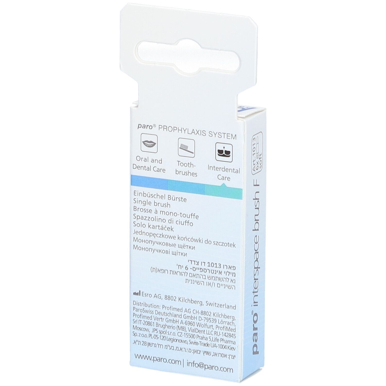 Rückseite der Verpackung paro® interspace brush F. Text in mehreren Sprachen. Informationen zum Produkt und Hersteller.