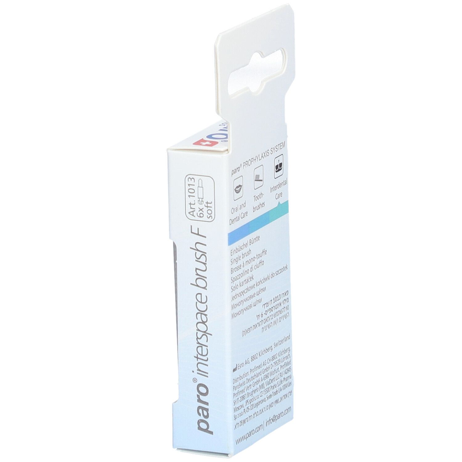 Seitenansicht der Verpackung paro® interspace brush F. Produktbezeichnung und Markenlogo sichtbar. Text und Illustrationen.