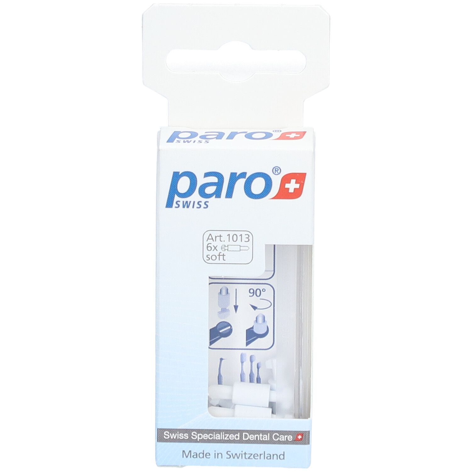 Verpackung paro® interspace brush F. Enthält 6 Bürsten. Produkt und Illustrationen sichtbar. Markenlogo und Art. 1013.