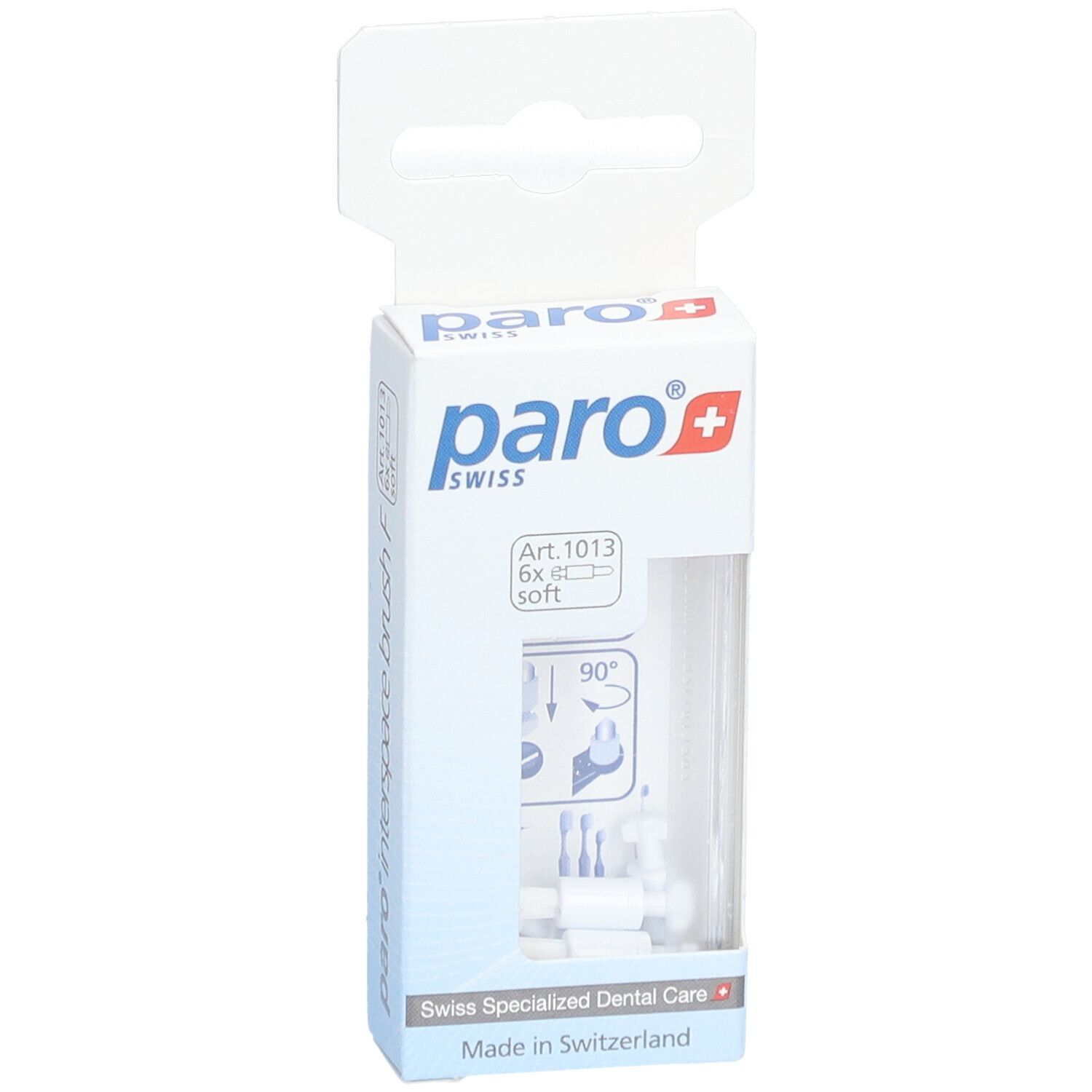 Verpackung paro® interspace brush F. Enthält 6 Bürsten. Produkt und Illustrationen sichtbar. Markenlogo und Art. 1013.