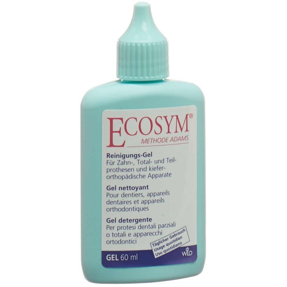 Ecosym Reinigungs-Gel Flasche. Türkis, rechteckig, mit Dosieröffnung. Beschriftung: Ecosym Methode Adams, Gel 60 ml.
