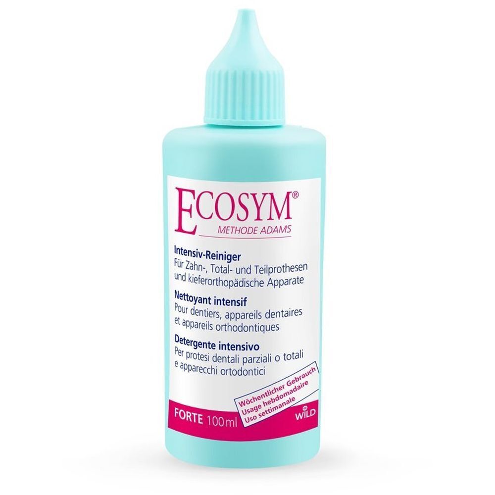 Flacon bleu clair avec embout doseur. Inscription: Ecosym Methode Adams, Nettoyant intensif. Contient 100 ml.