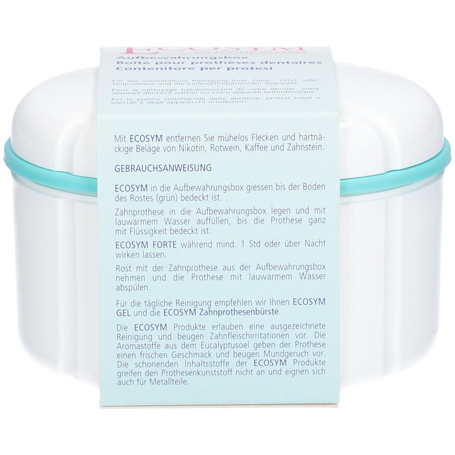 Weiße Aufbewahrungsbox mit blauem Rand, umgeben von Verpackung. Text: Ecosym, Gebrauchsanweisung.