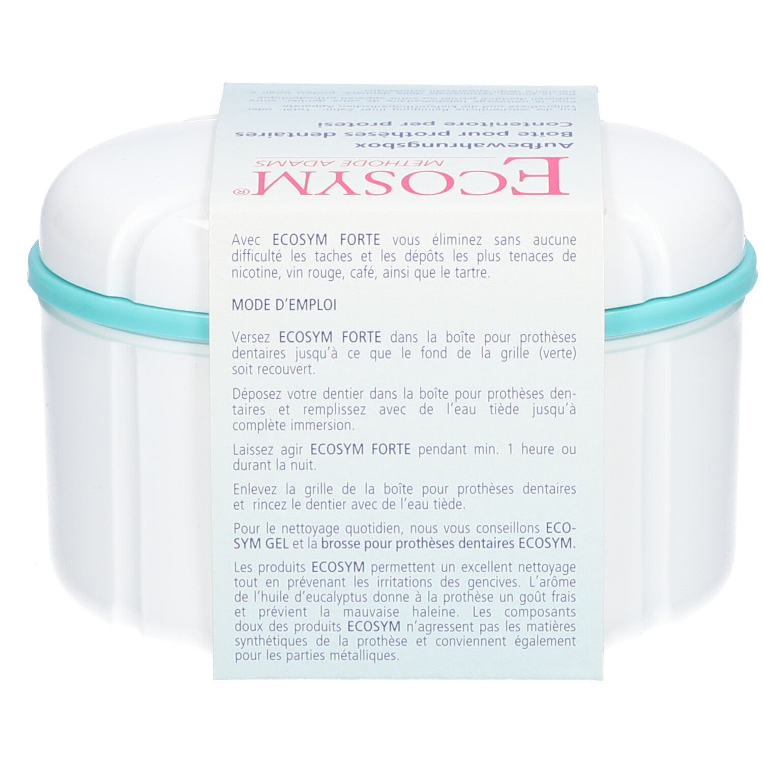 Weiße Aufbewahrungsbox mit blauem Rand, in Verpackung. Text: Ecosym, Methode Adams, Mode d'emploi.