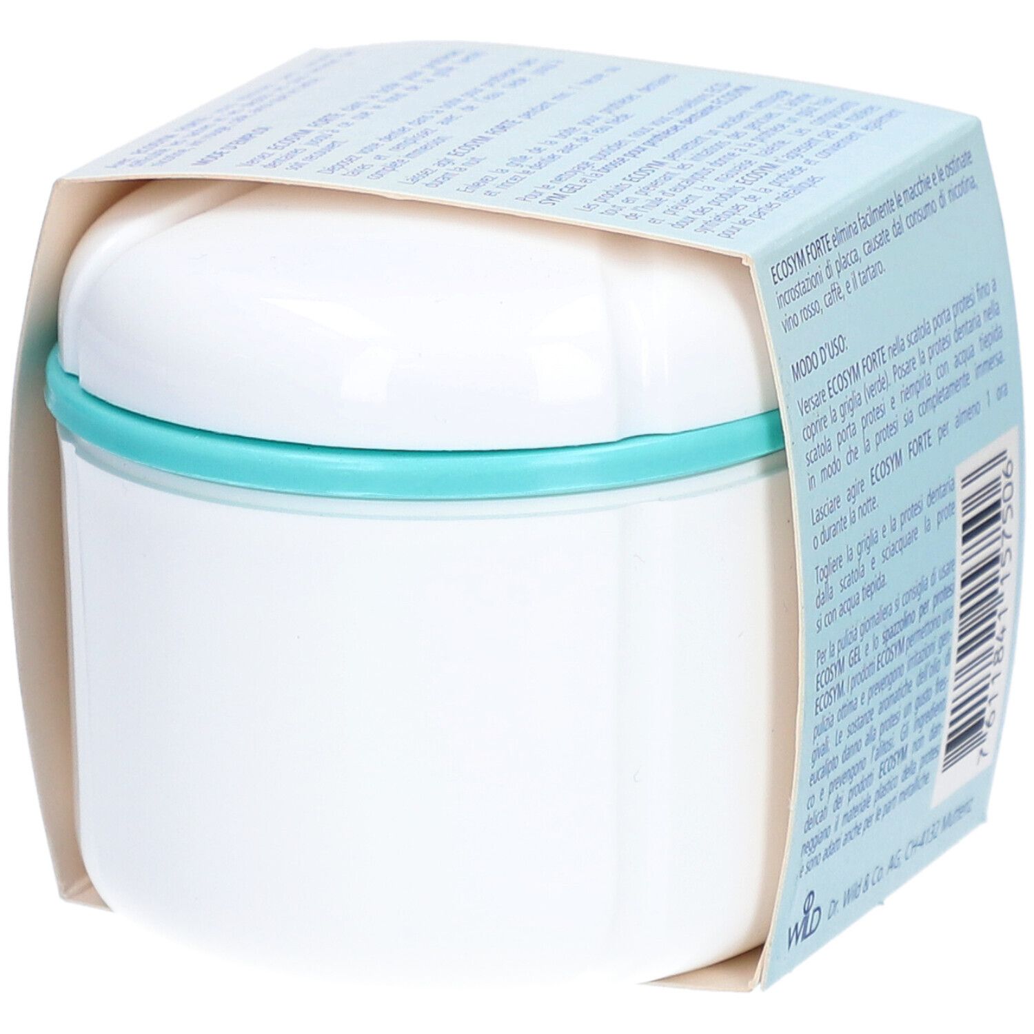 Weiße, runde Aufbewahrungsbox mit blauem Rand, in Verpackung. Text: Ecosym Forte, Anweisungen.