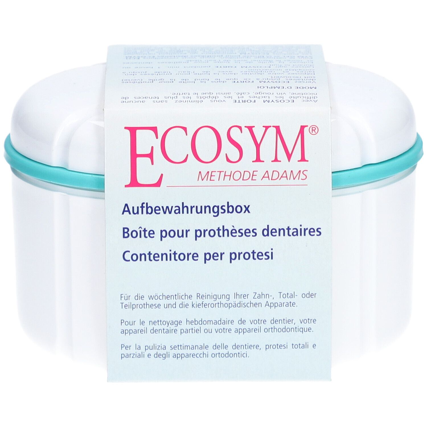 Weiße Aufbewahrungsbox mit blauem Rand, in Verpackung. Text: Ecosym, Aufbewahrungsbox, Boîte pour prothèses.