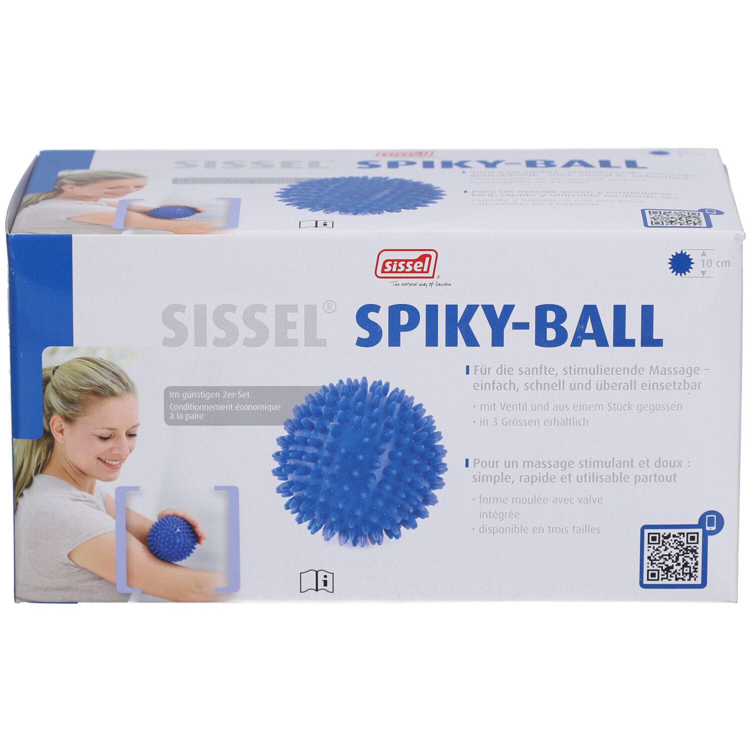 Verpackung mit Sissel Spiky-Ball. Blauer Ball mit Noppen, Produktname und Logo. Frau hält Ball. Text in Deutsch und Französisch.