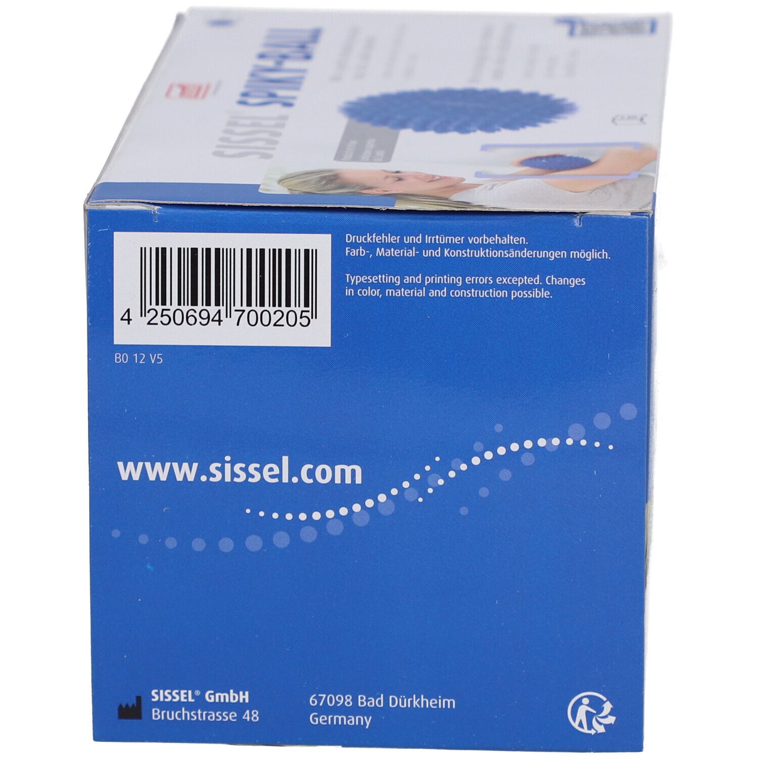 Blaue Verpackung mit Barcode und Text. Logo und Website-Adresse von Sissel. Adresse des Herstellers in Deutschland.