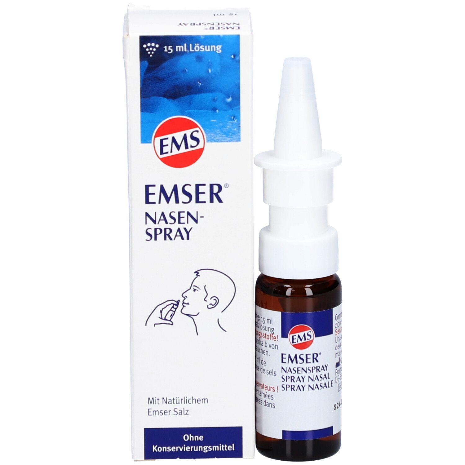 Produkt und Verpackung. Weiße Schachtel mit EMSER Nasenspray und Abbildung.