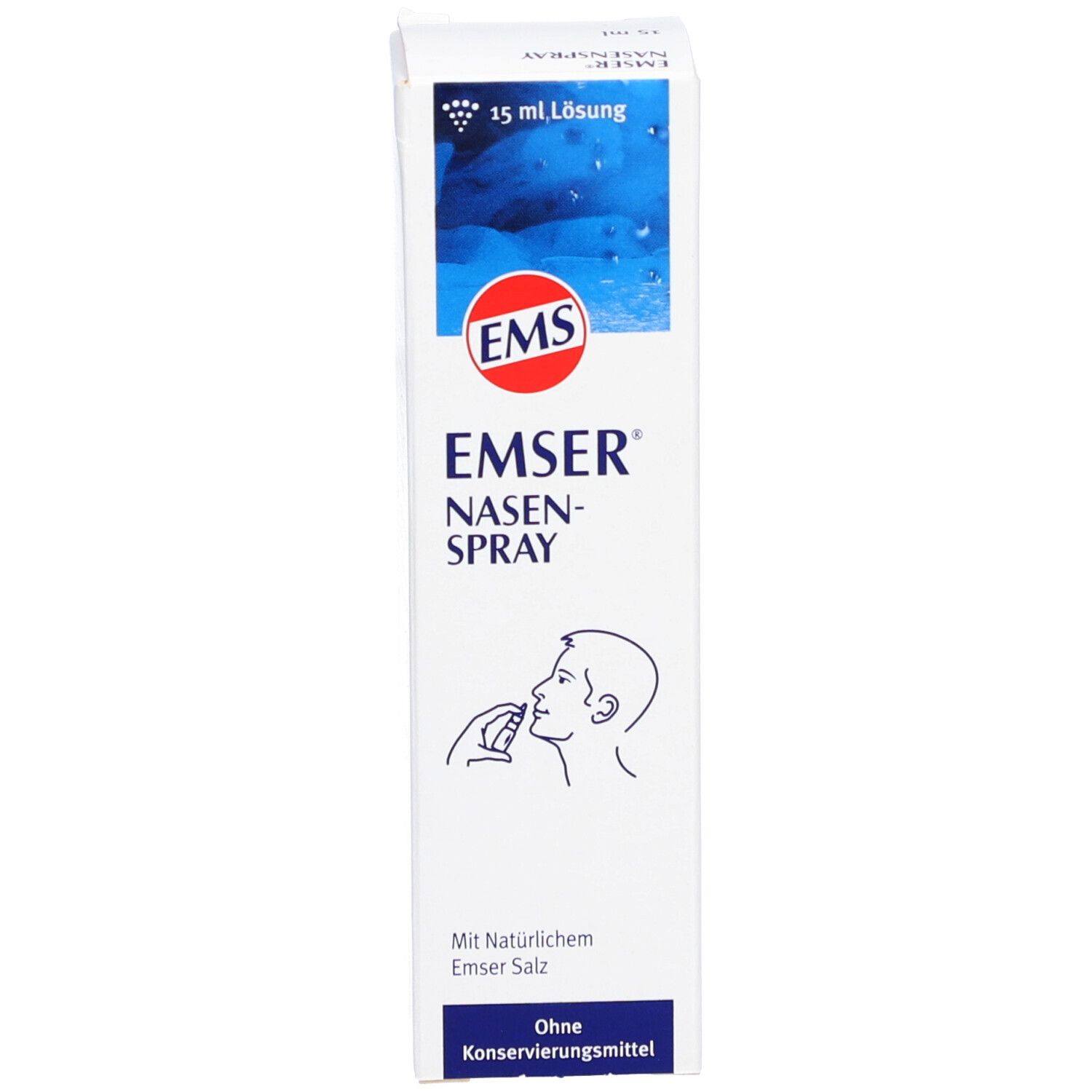 Weiße Schachtel mit EMSER Nasenspray. Abbildung einer Person.