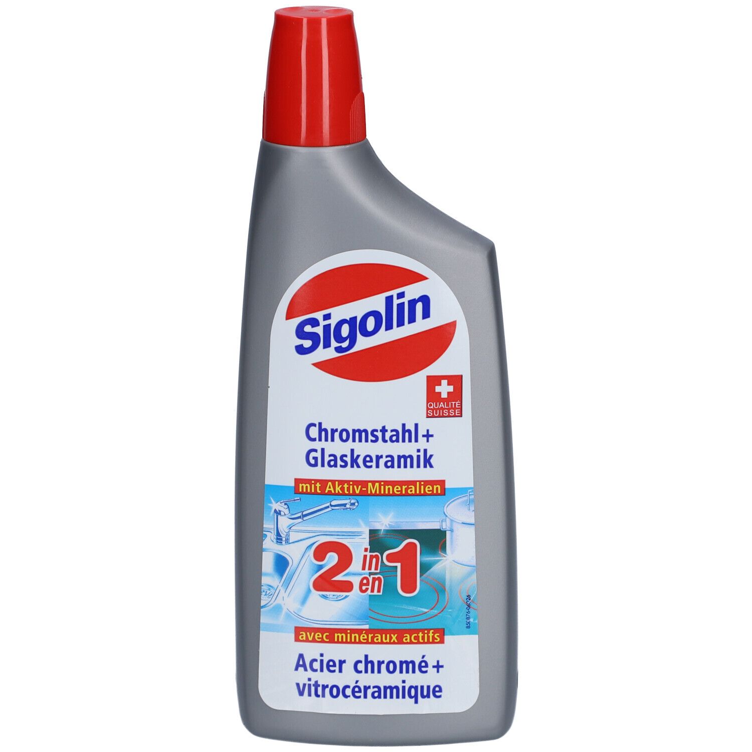 Graue Flasche mit rotem Deckel. Aufschrift: SIGOLIN, Chromstahl + Glaskeramik 2in1. Mit Schweizer Qualitätszeichen.