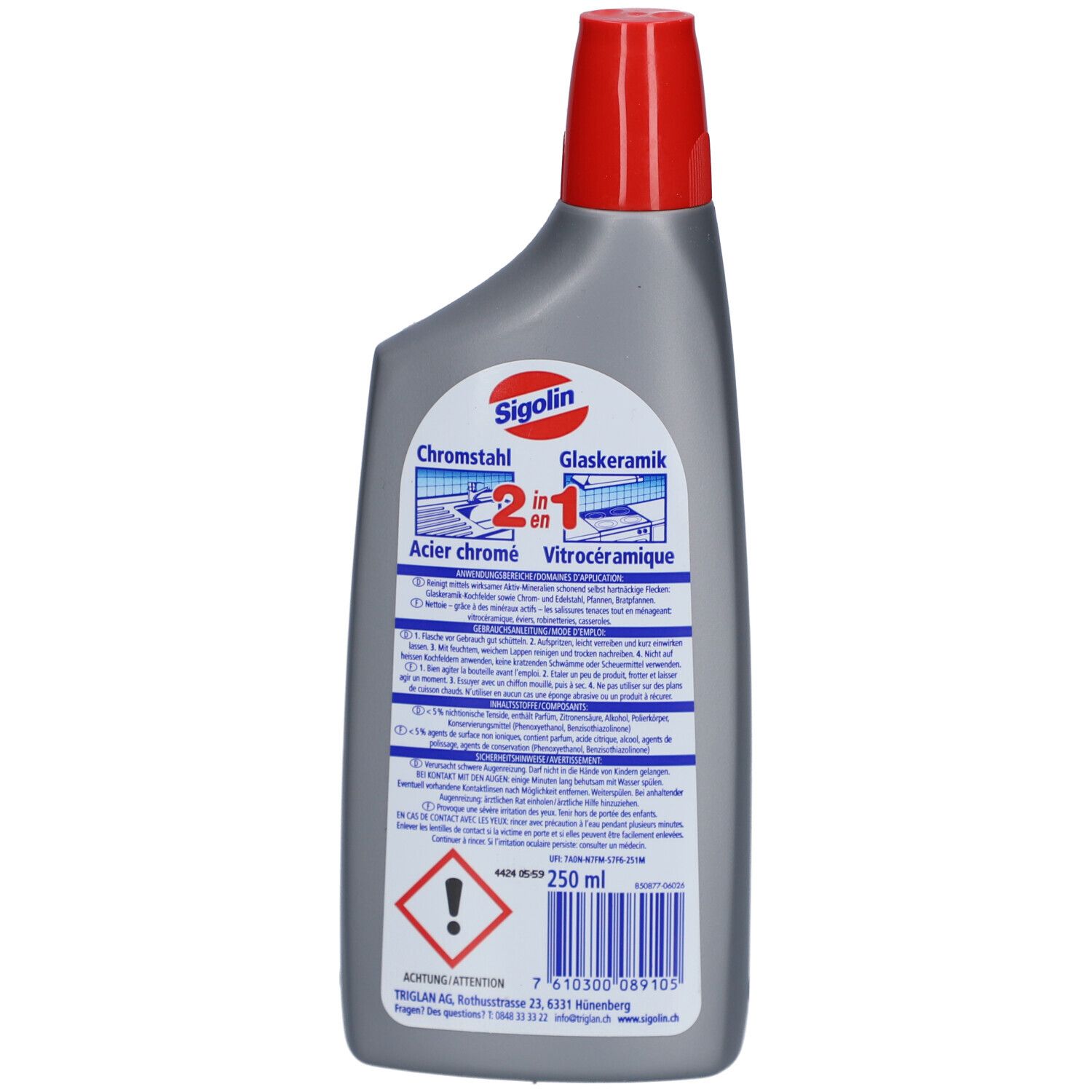 Rückseite einer grauen Flasche mit rotem Deckel. Aufschrift: Chromstahl Glaskeramik 2in1. Enthält Informationen und Warnhinweise.