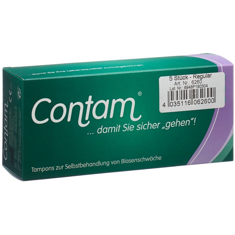 Grüne Schachtel mit "Contam"-Logo und Text. Enthält 5 Stück. Aufdruck: "...damit Sie sicher gehen!"