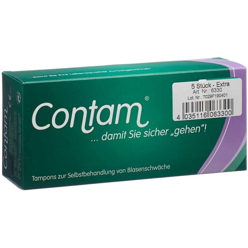 Grüne Schachtel mit "Contam"-Logo und Text. Enthält 5 Stück Extra Tampons. Aufdrucke: Art.-Nr., Lot.-Nr., Barcode.