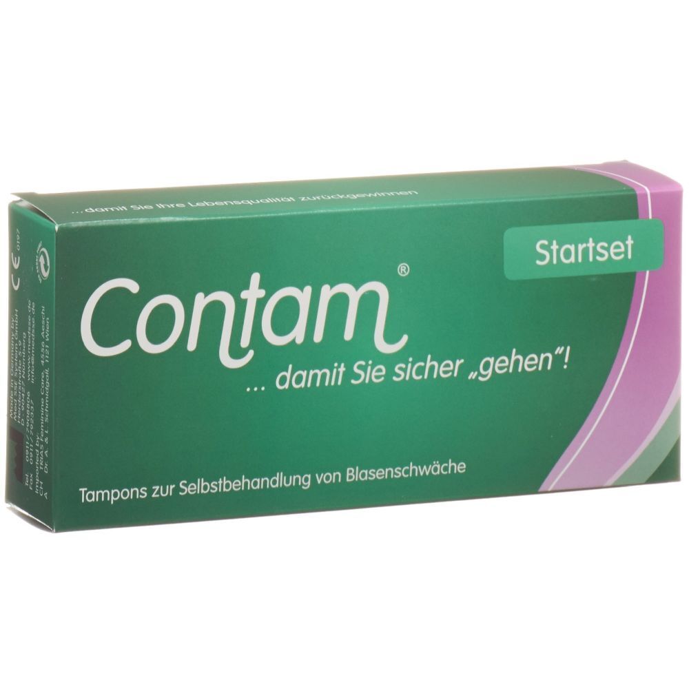 Grüne Verpackung mit weißem "Contam"-Schriftzug. "Startset" und Text zur Blasenschwäche. Lila Akzent.