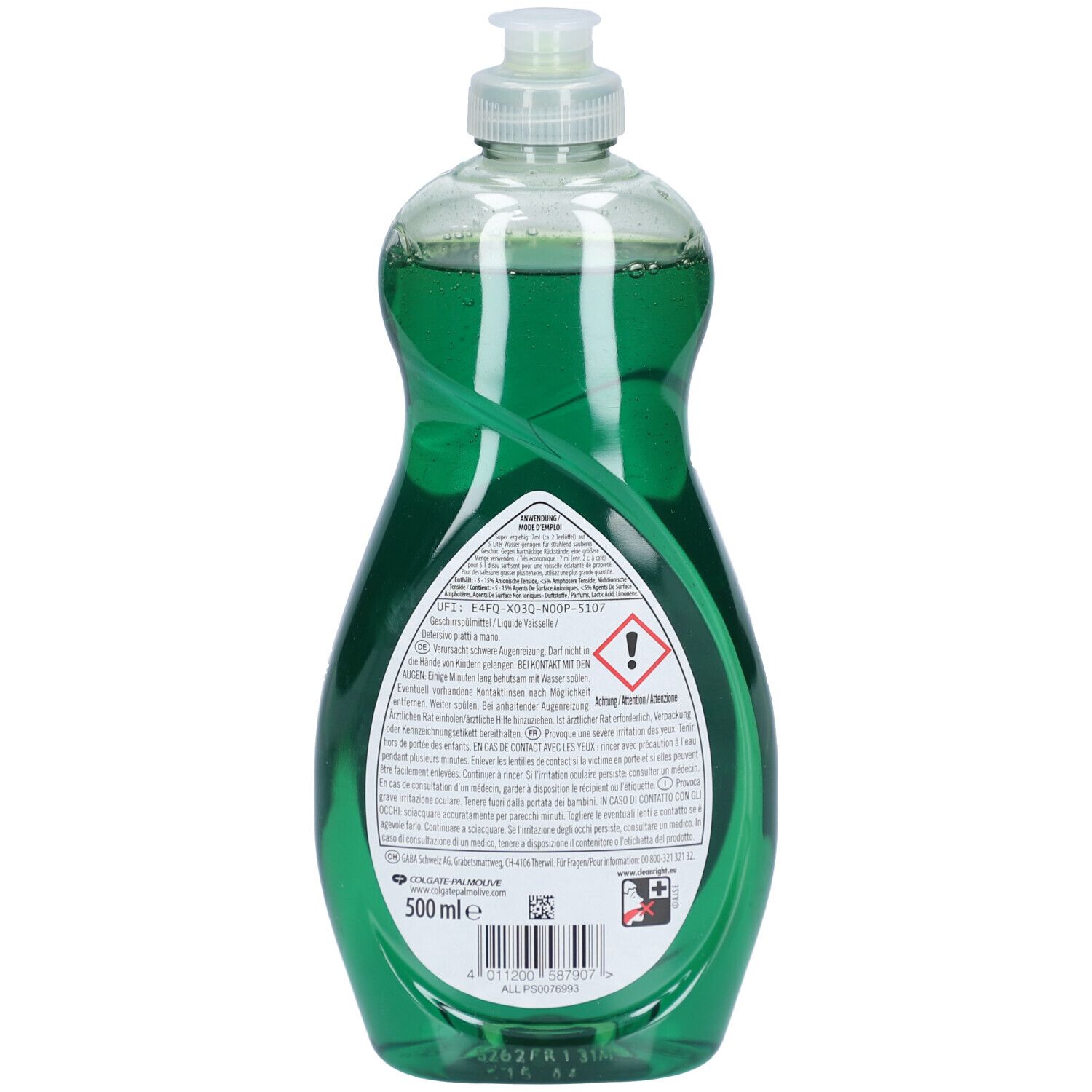 Rückseite der grünen Palmolive Ultra Original Flasche. Enthält Text und Symbole. Volumen: 500 ml. Mit Barcode.