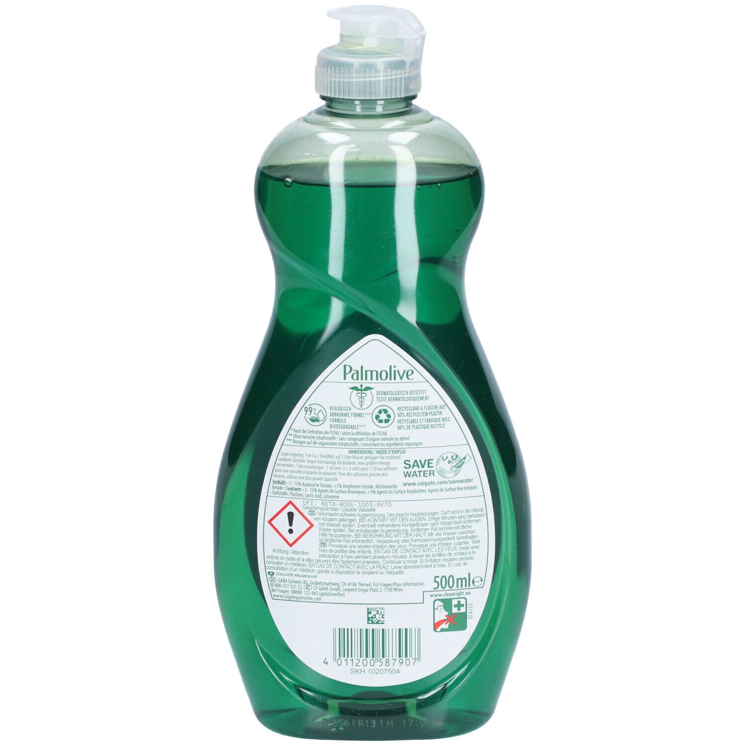 Rückseite der grünen Palmolive Ultra Original Flasche. Text und Symbole. Volumen: 500 ml. Save Water-Logo.